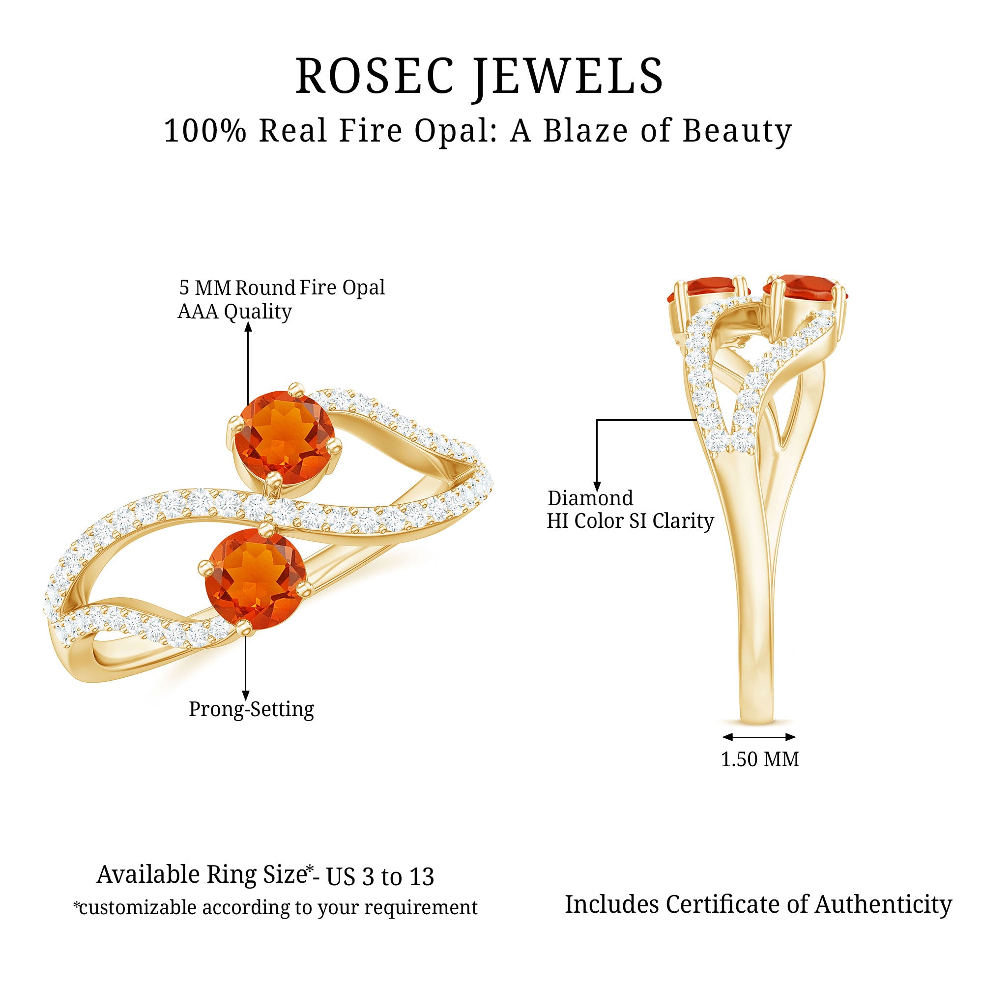 Rosec Jewels-3/4 CT Minimal Fire Opal and Diamond Engagement Ring