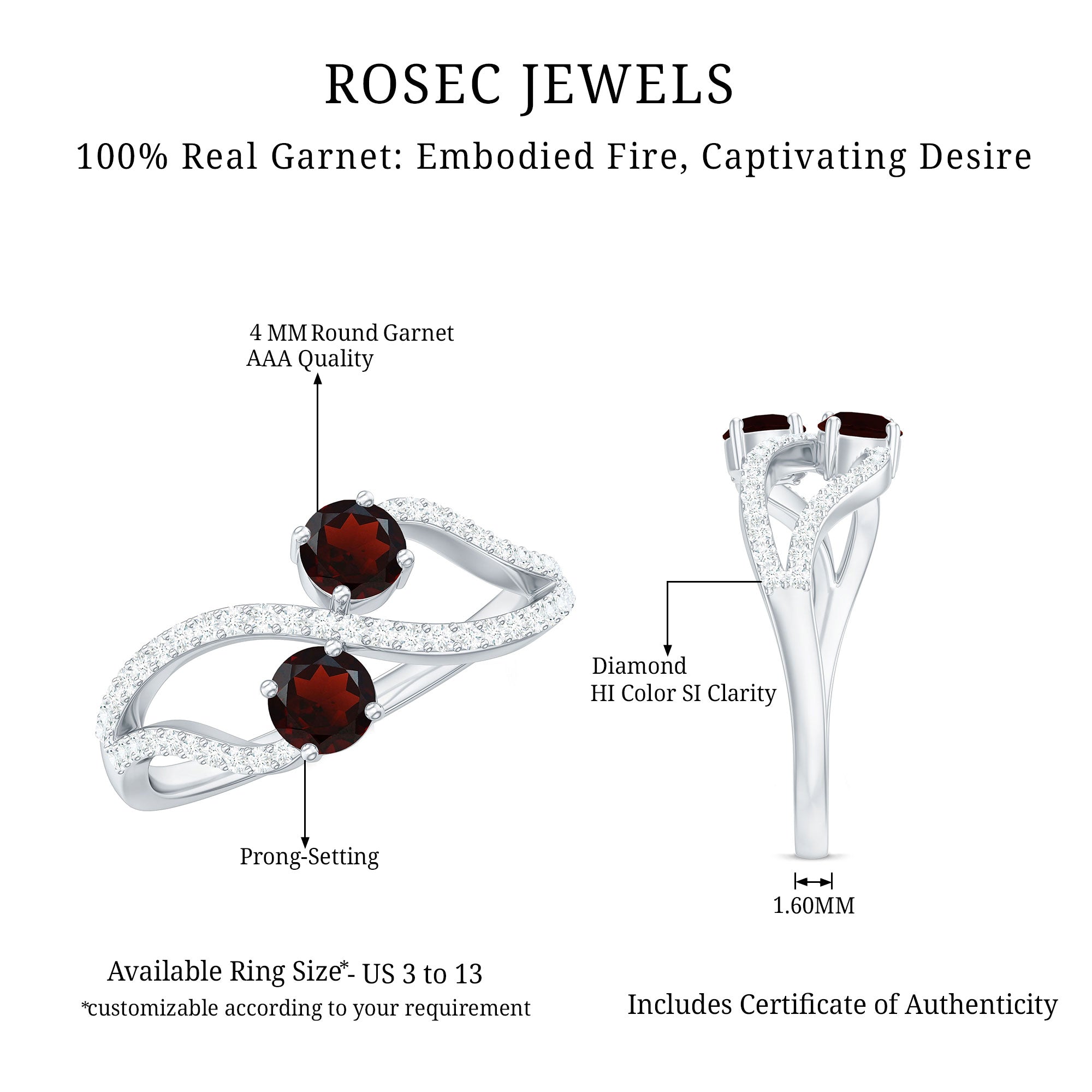 Rosec Jewels-Natural Garnet 2 Stone Engagement Ring with Diamond