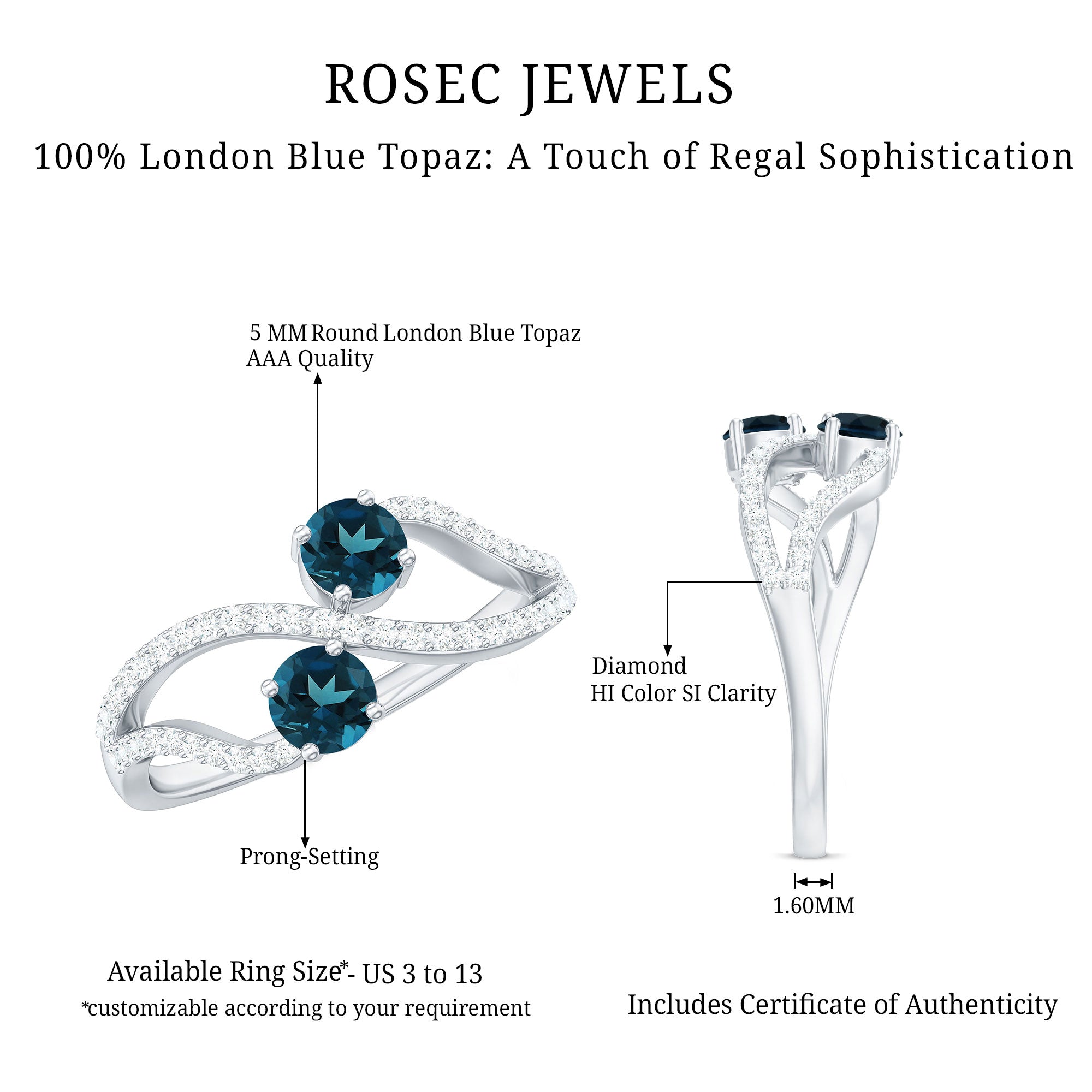 Rosec Jewels-Natural London Blue Topaz 2 Stone Promise Ring with Diamond