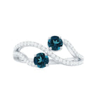 Natural London Blue Topaz 2 Stone Promise Ring with Diamond AAA - Rosec Jewels