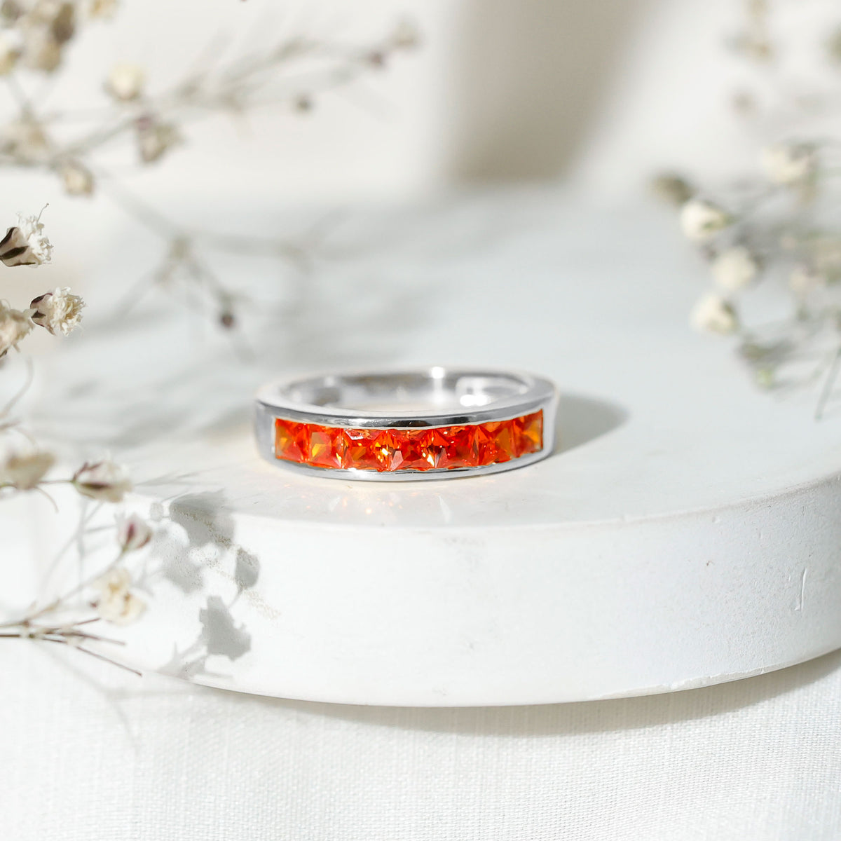 Princess Cut Lab Grown Orange Sapphire Half Eternity Band in Channel Set AAAA - Rosec Jewels