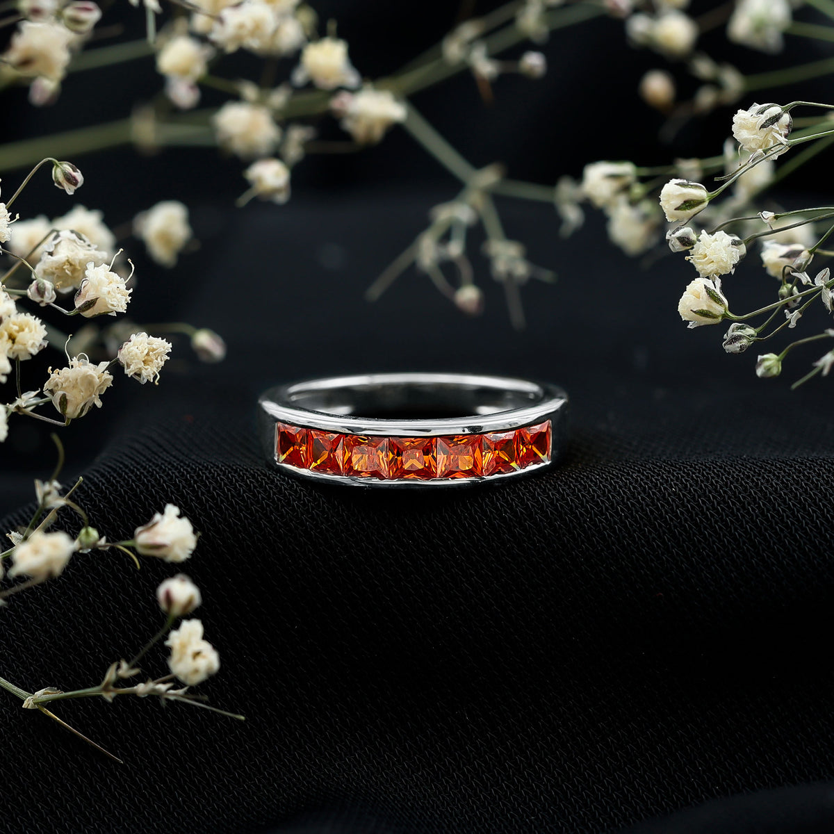 Princess Cut Lab Grown Orange Sapphire Half Eternity Band in Channel Set AAAA - Rosec Jewels