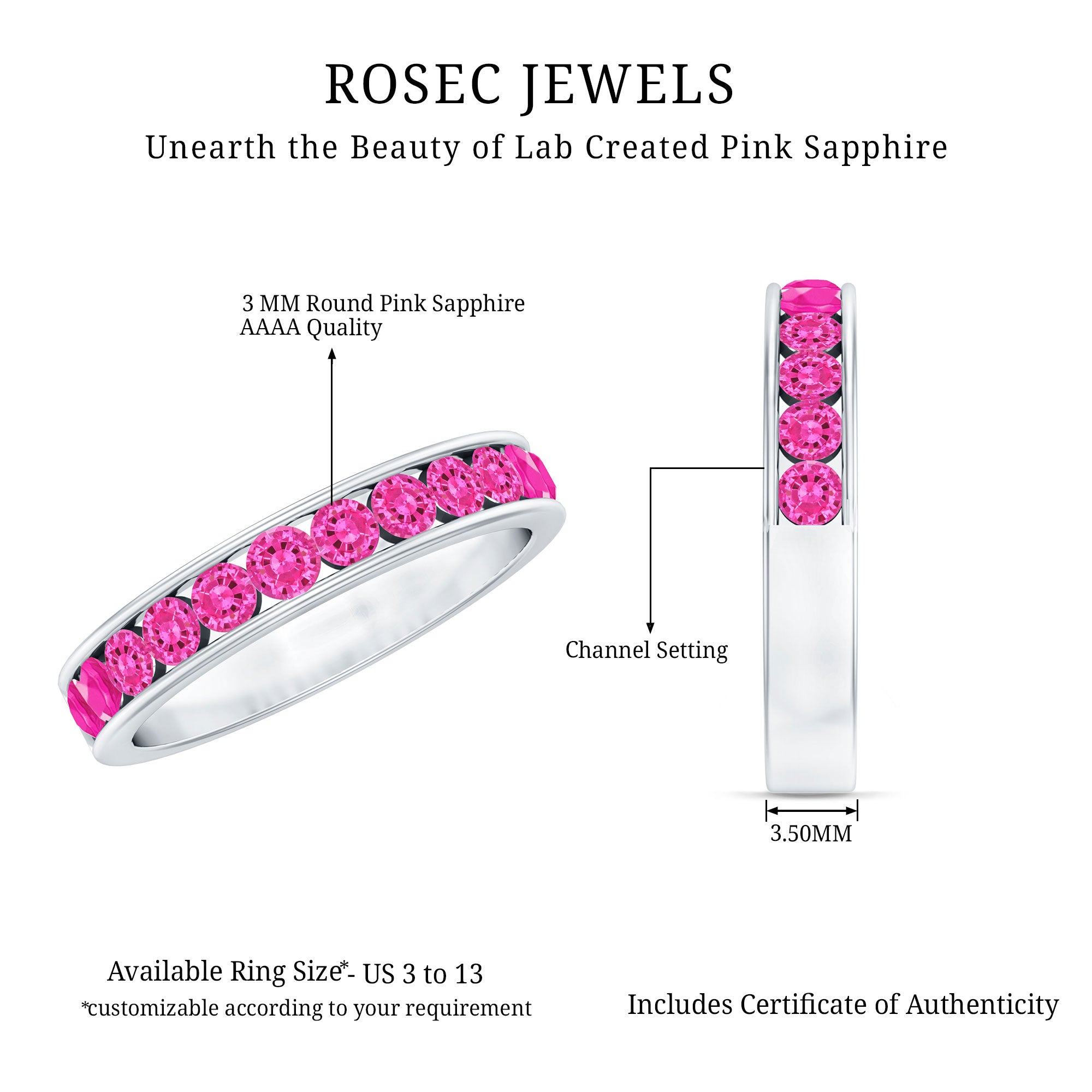 Rosec Jewels-Round Lab Created Pink Sapphire Half Eternity Band in Channel Setting