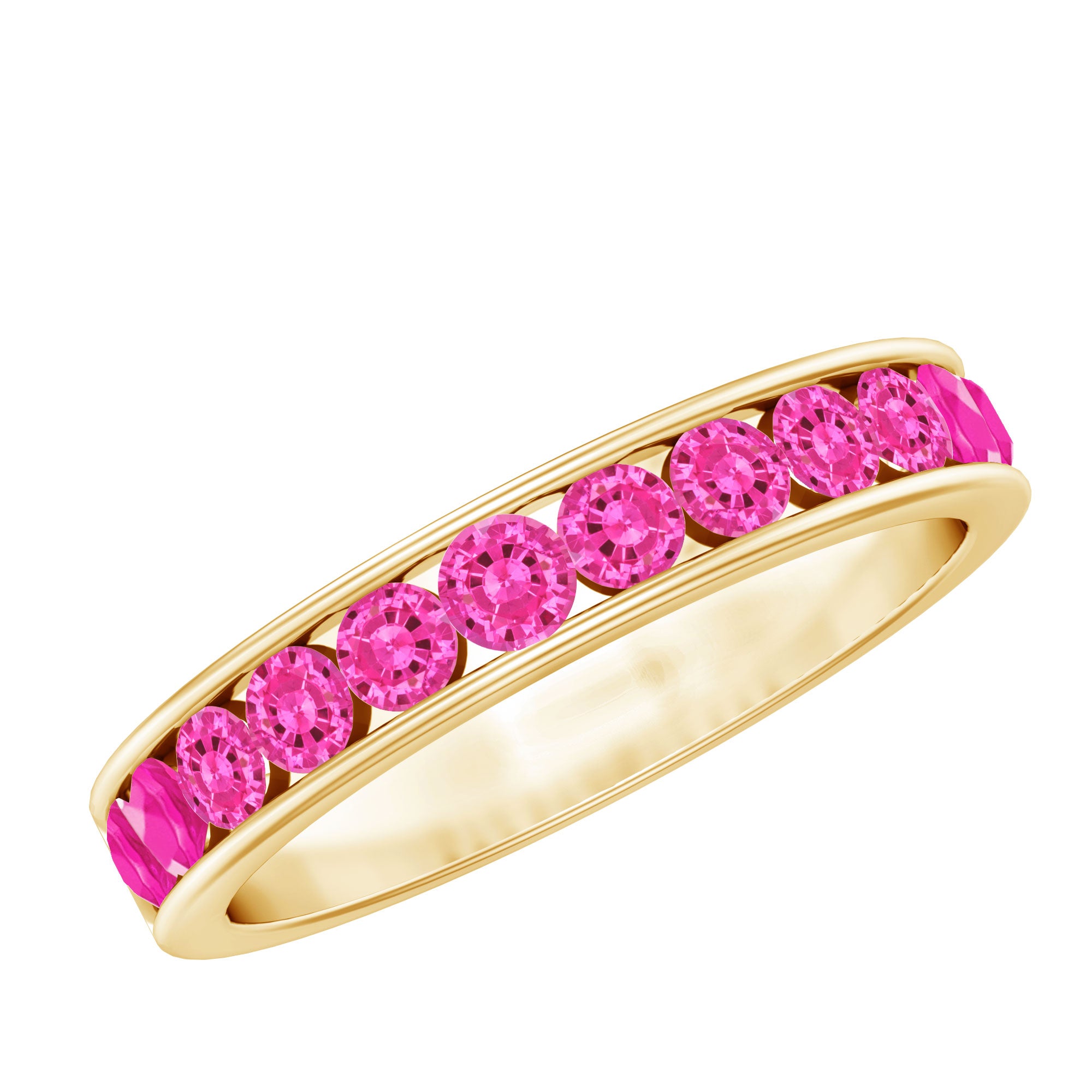 Rosec Jewels-Round Lab Created Pink Sapphire Half Eternity Band in Channel Setting