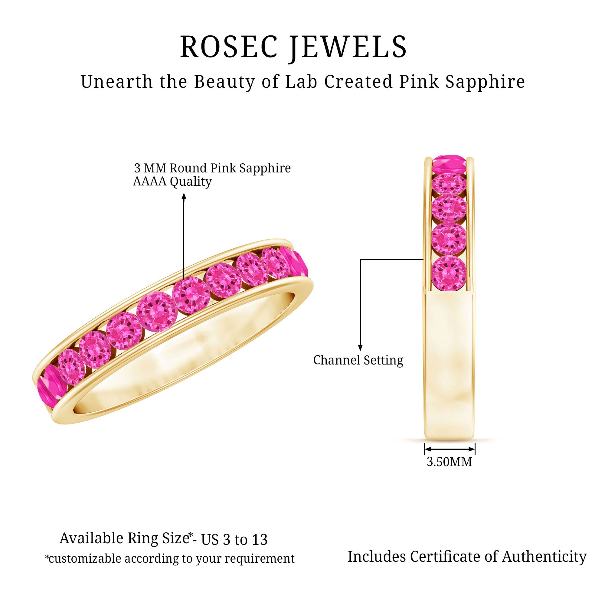 Rosec Jewels-Round Lab Created Pink Sapphire Half Eternity Band in Channel Setting