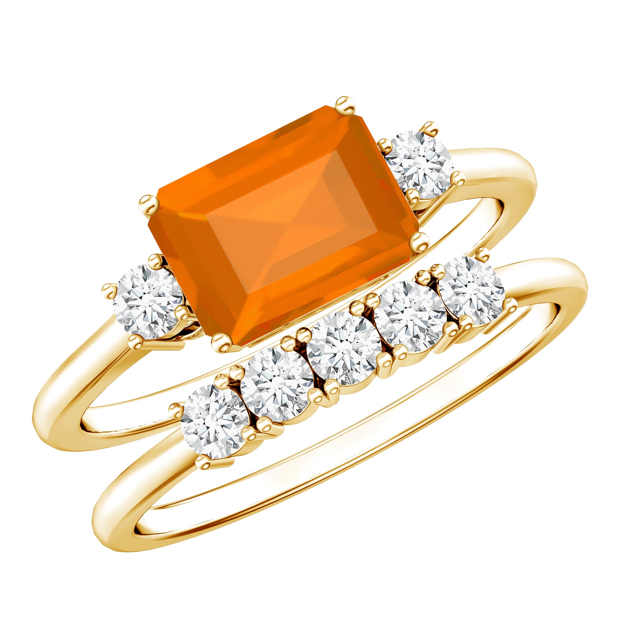 1 Carat Emerald Cut Fire Opal and Diamond Engagement Ring with Enhancer AAA - Rosec Jewels