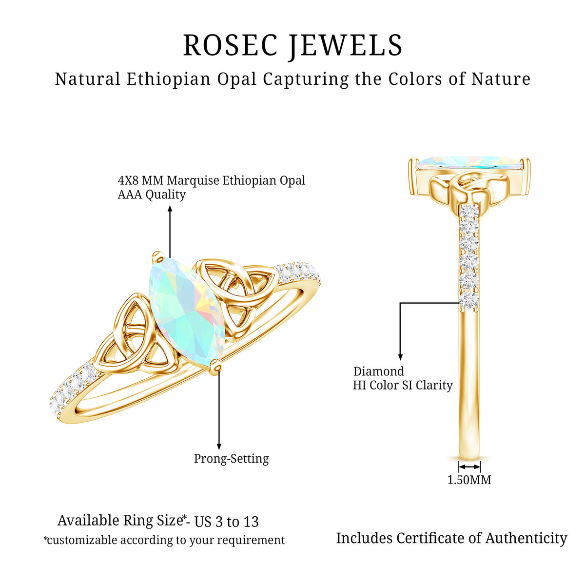 Natural Ethiopian Opal Diamond Engagement Ring with Celtic Knot AAA - Rosec Jewels