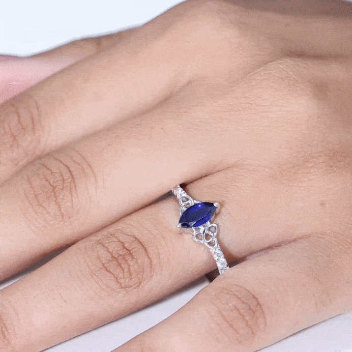Certified 0.7 Carat Lab Grown Blue Sapphire Diamond Marquise Engagement Ring with Celtic Knot AAAA - Rosec Jewels