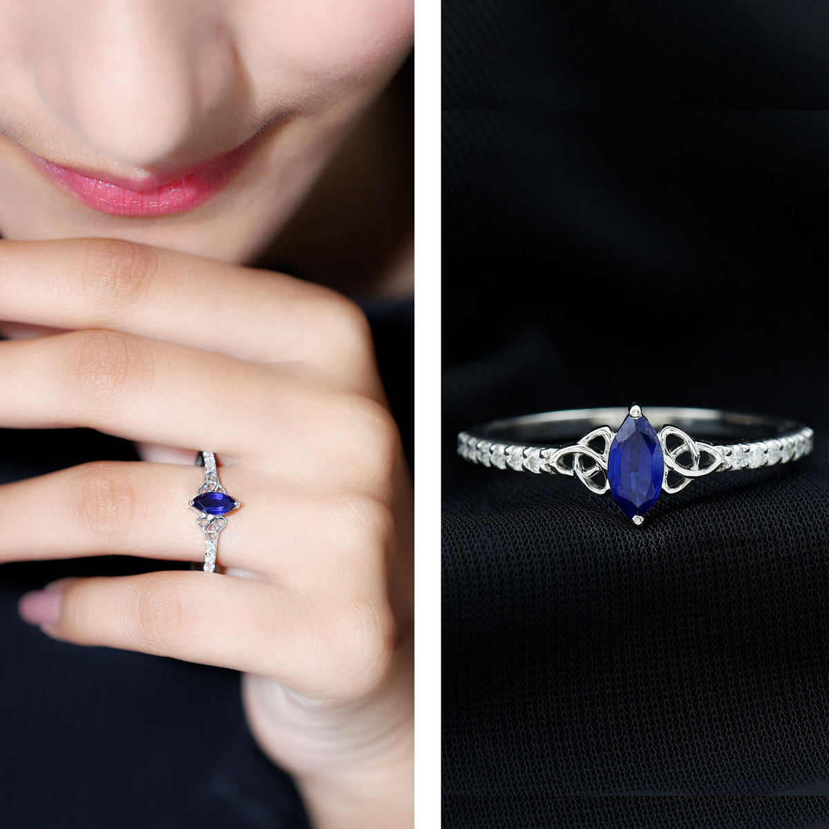 Certified 0.7 Carat Lab Grown Blue Sapphire Diamond Marquise Engagement Ring with Celtic Knot AAAA - Rosec Jewels