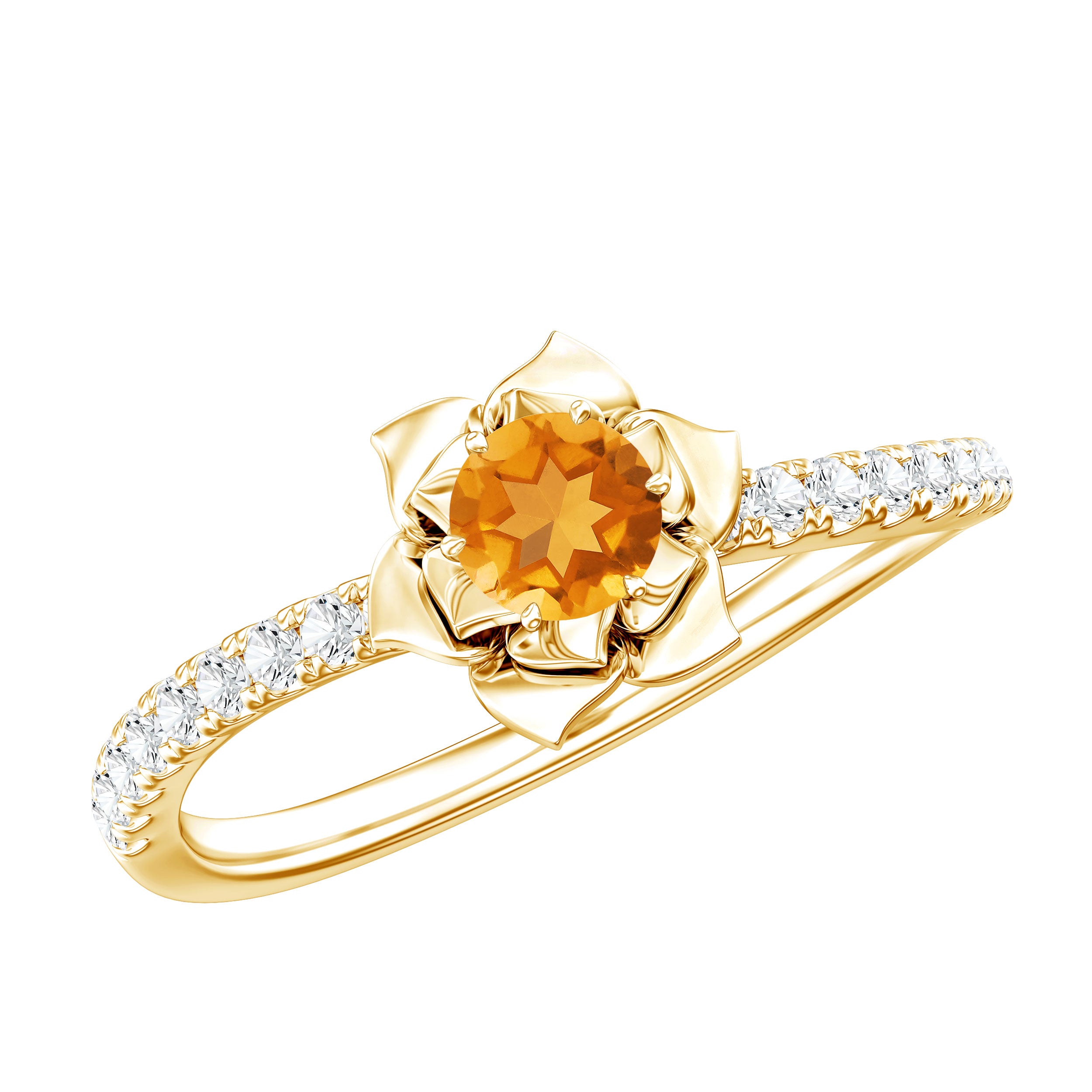 Certified Real Citrine Flower Engagement Ring with Diamond AAA - Rosec Jewels