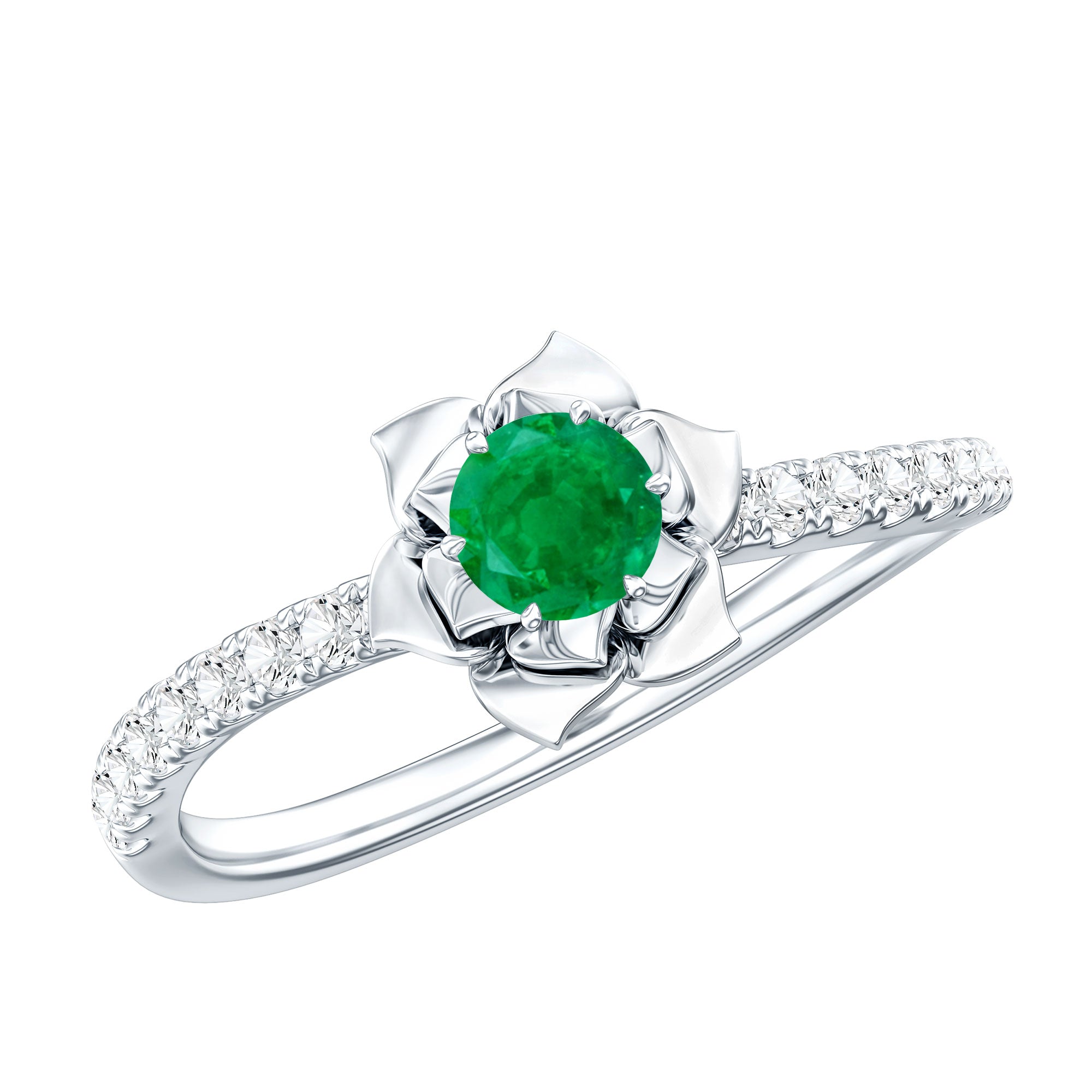 Genuine Emerald Flower Engagement Ring with Diamond AAA - Rosec Jewels