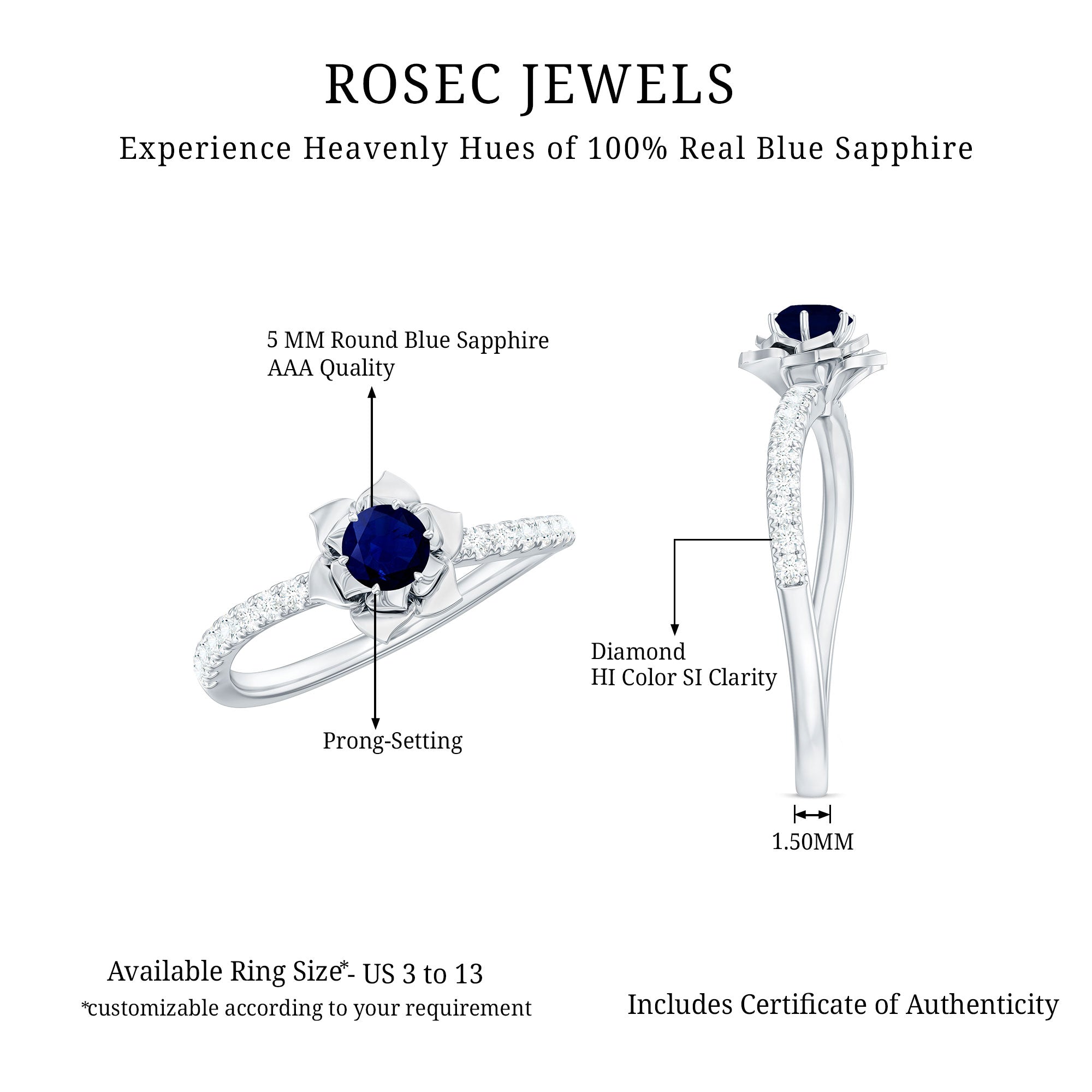 Rosec Jewels-Real 0.9 Carat Blue Sapphire Rose Flower Engagement Ring with Diamond