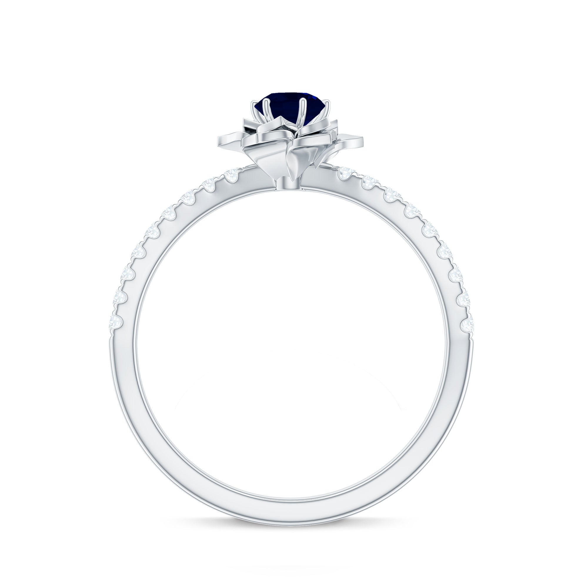 Rosec Jewels-Real 0.9 Carat Blue Sapphire Rose Flower Engagement Ring with Diamond