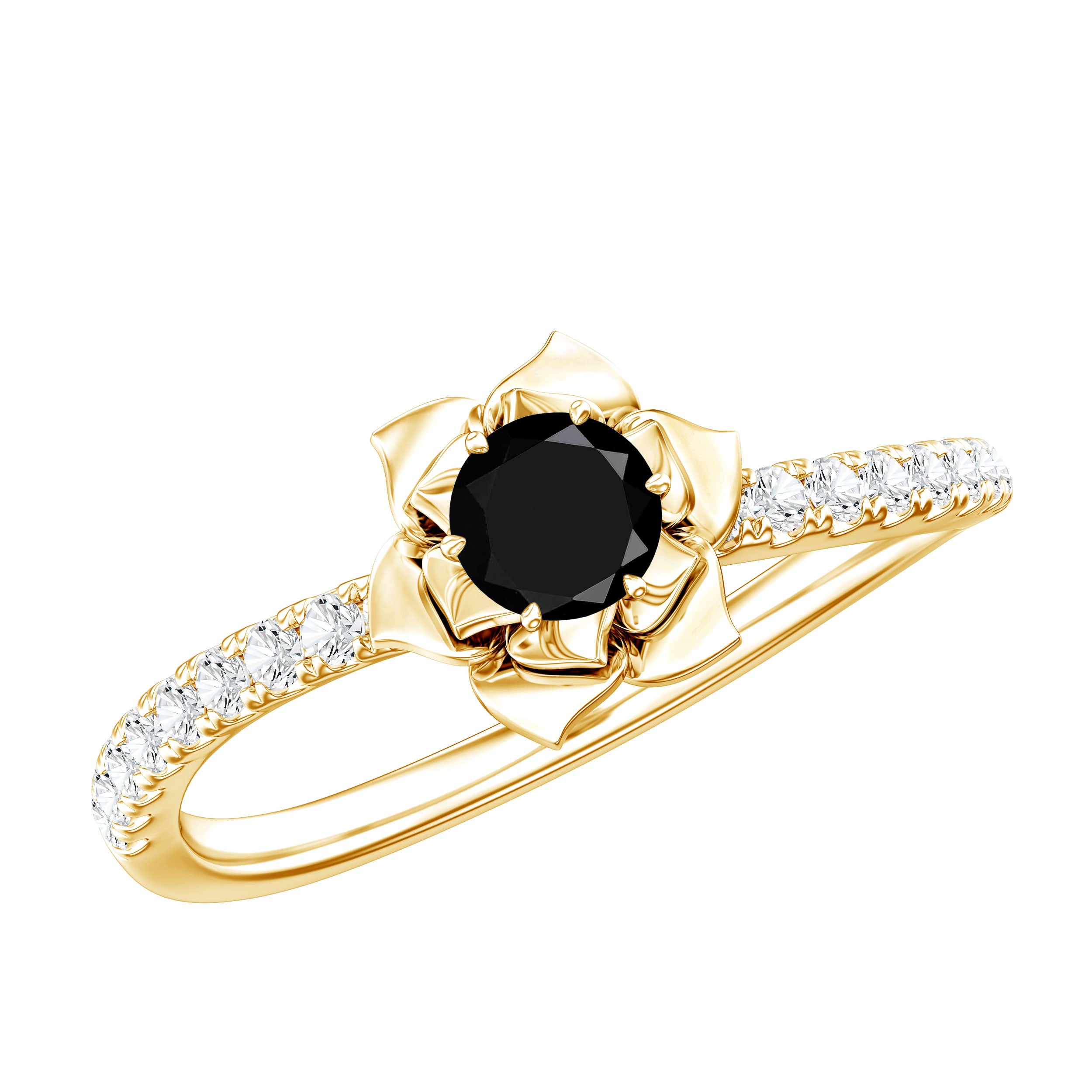 Certified Real Black Spinel Flower Engagement Ring with Diamond AAA - Rosec Jewels