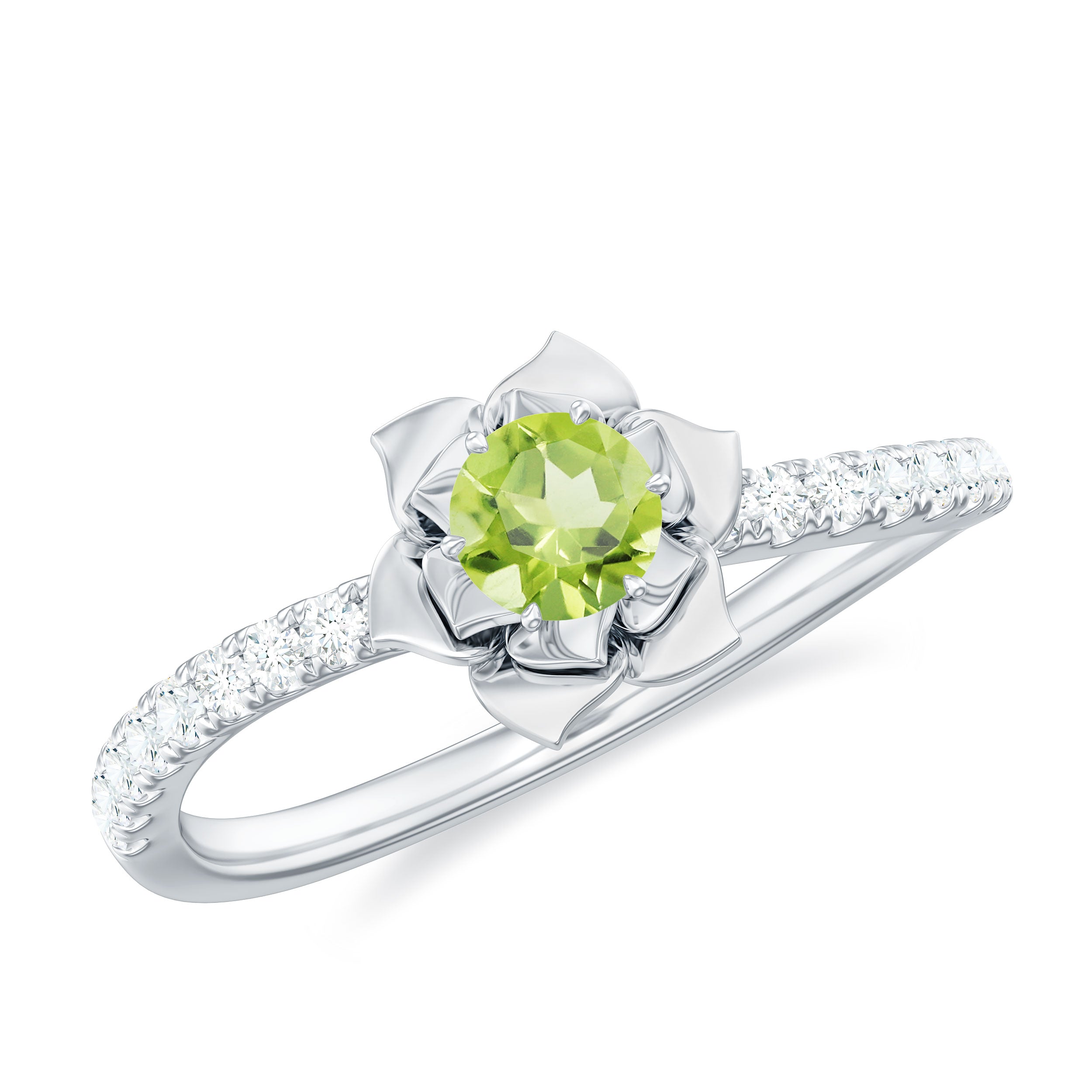 Real Peridot and Diamond Flower Engagement Ring Peridot - ( AAA ) - Quality - Rosec Jewels