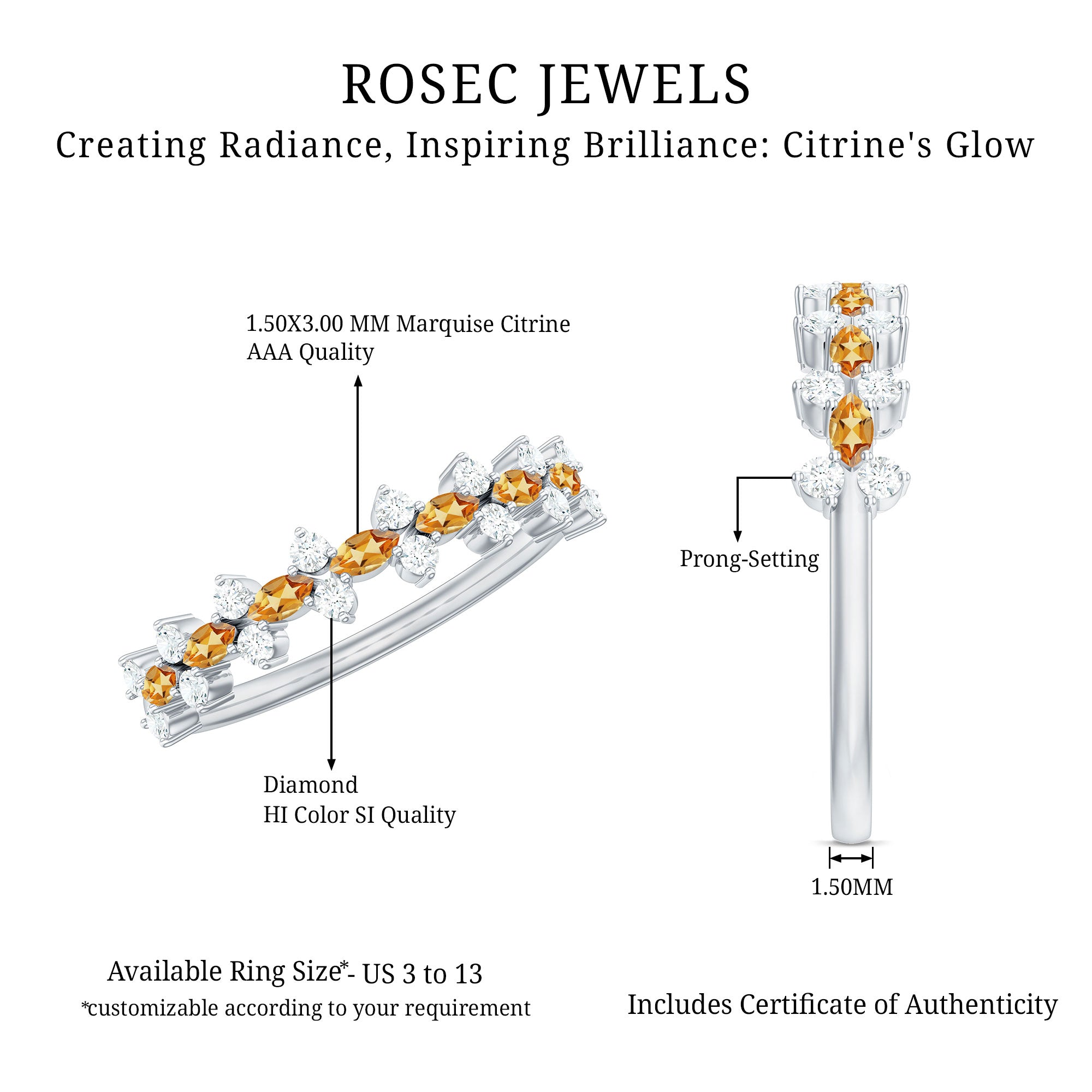 Natural Citrine Diamond Half Eternity Ring with Certificate AAA - Rosec Jewels