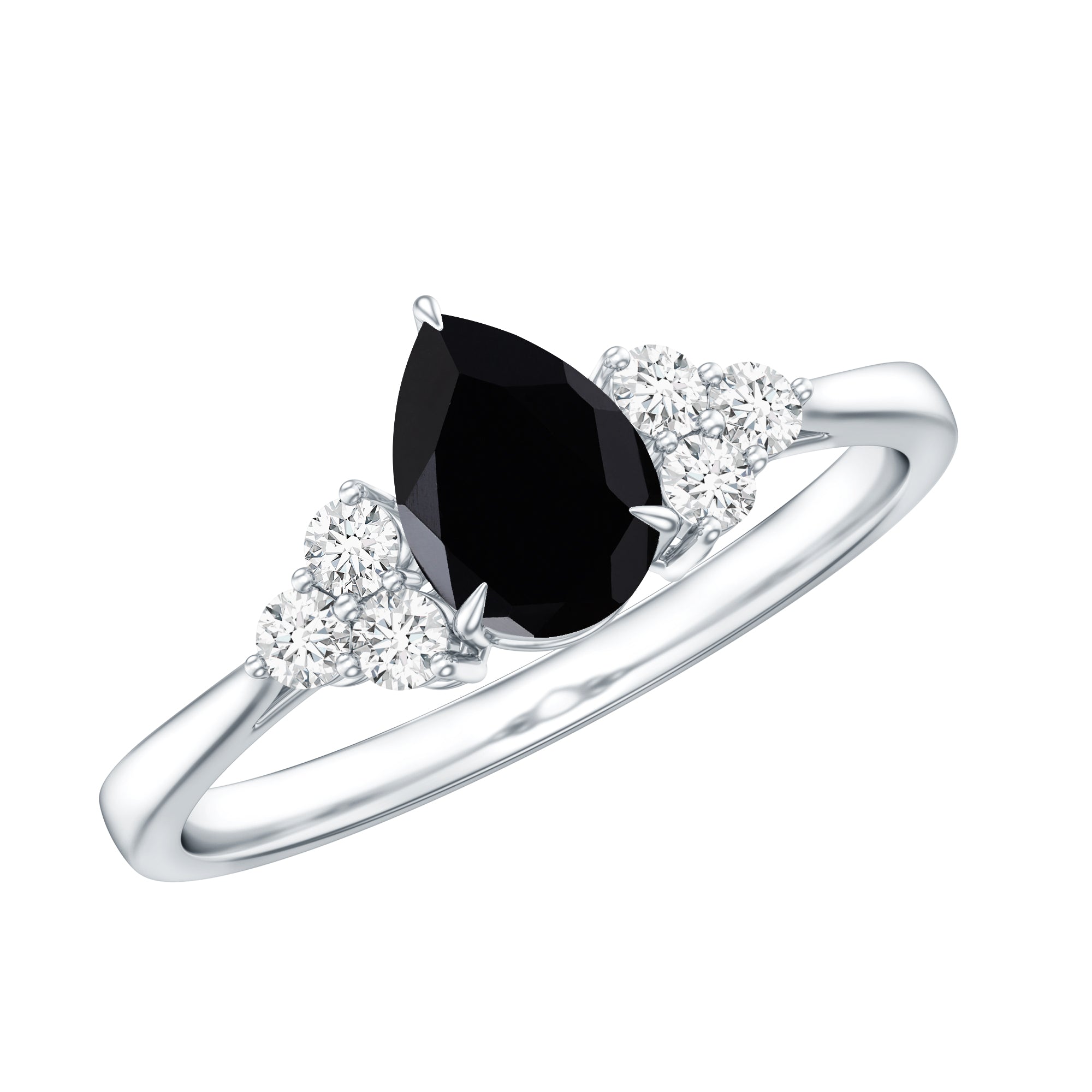 Pear Shaped Black Onyx Engagement Ring with Real Diamond Trio AAA - Rosec Jewels