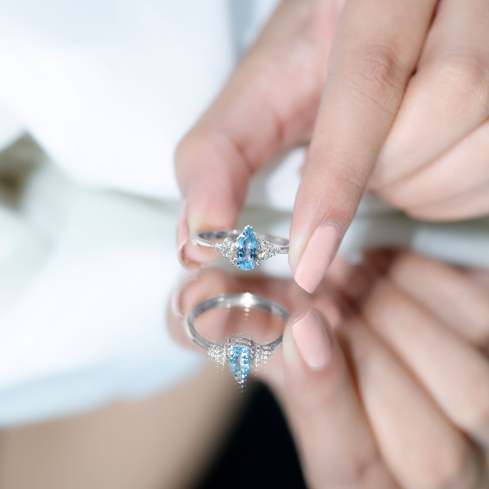 1 Carat Aquamarine Pear Engagement Ring with Diamond Trio AAA - Rosec Jewels
