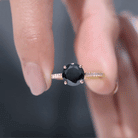 Round Cut Black Onyx Engagement Ring with Diamond Side Stones AAA - Rosec Jewels