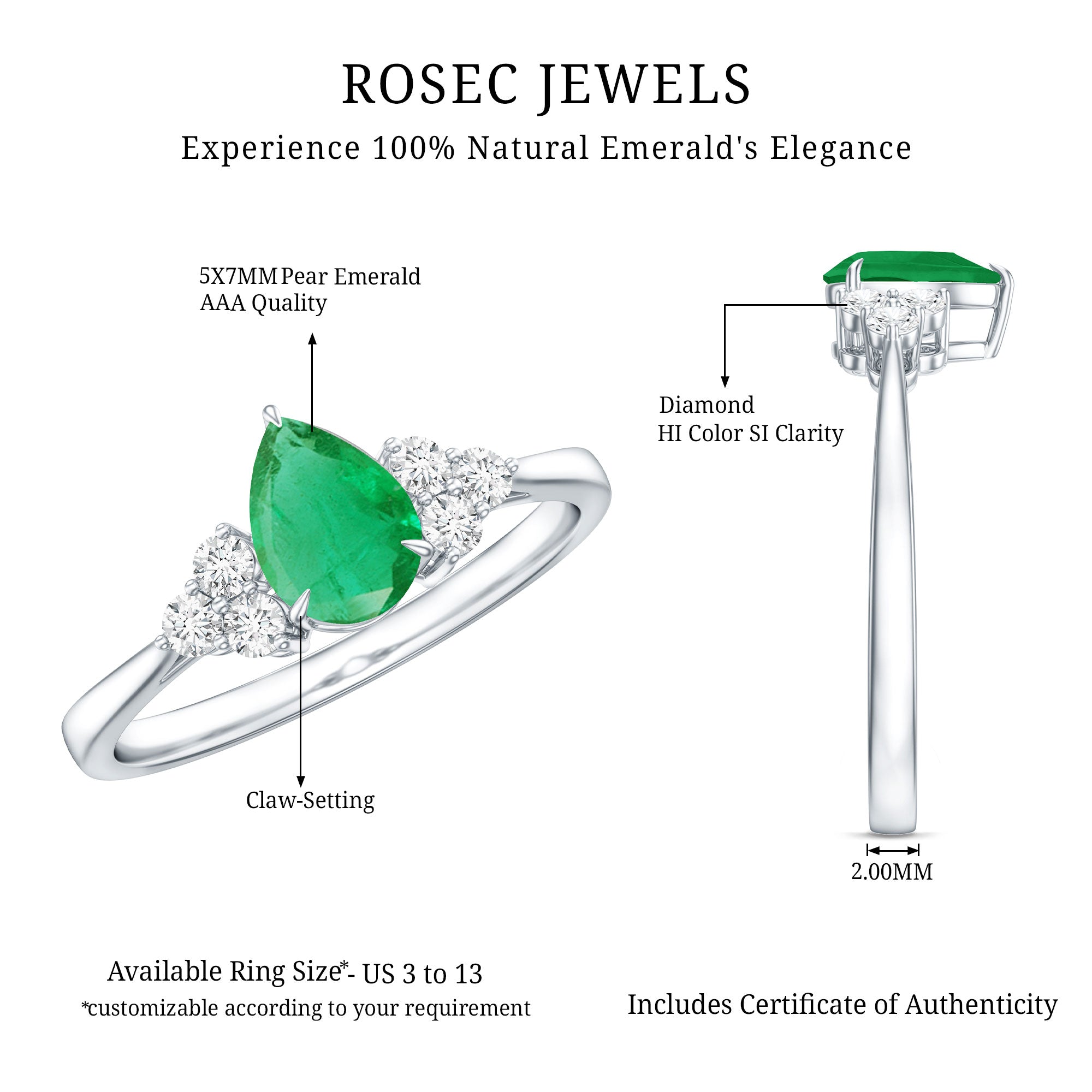 5X7mm AAA Quality Pear Shape Emerald Solitaire Engagement Ring with Diamond Trio AAA - Rosec Jewels