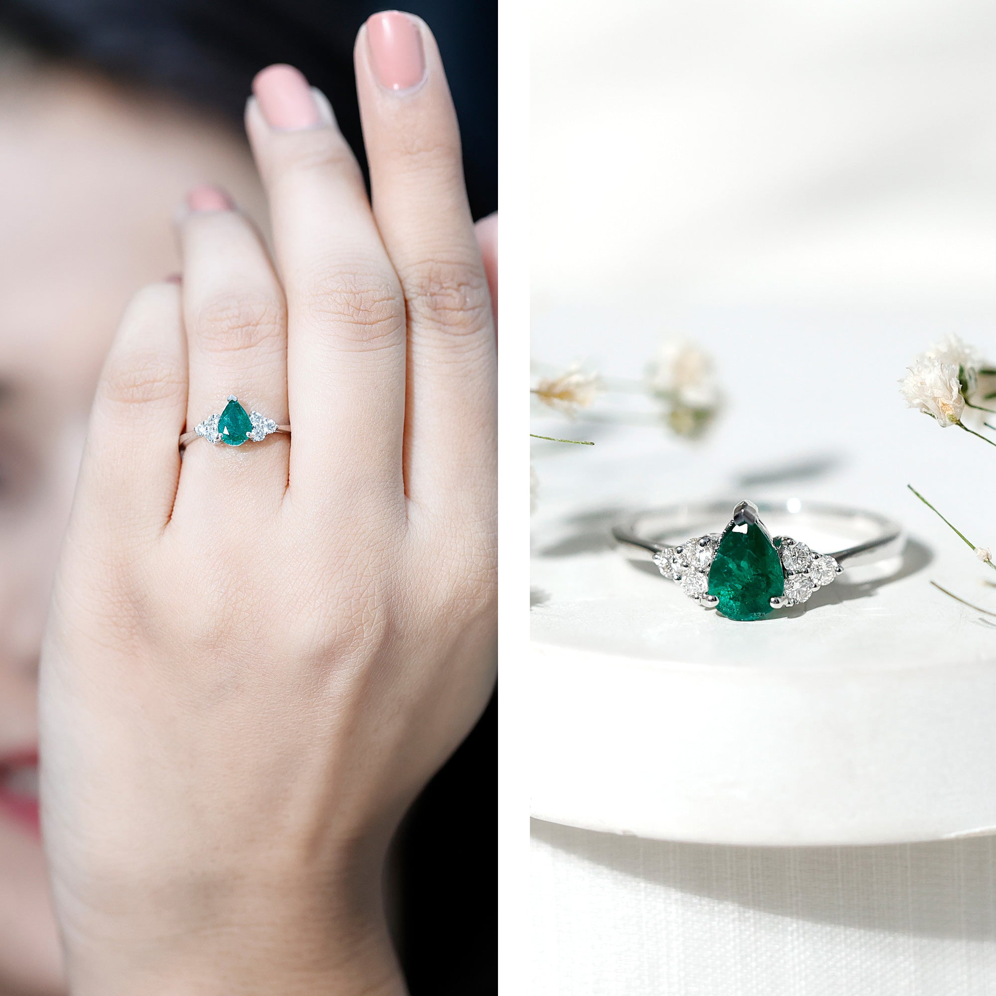5X7mm AAA Quality Pear Shape Emerald Solitaire Engagement Ring with Diamond Trio AAA - Rosec Jewels