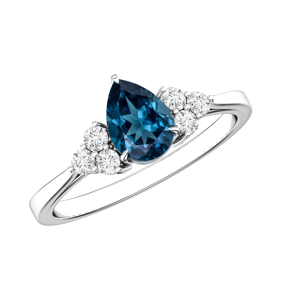 5X7mm Pear Shape London Blue Topaz Engagement Ring with Diamond Trio AAA - Rosec Jewels