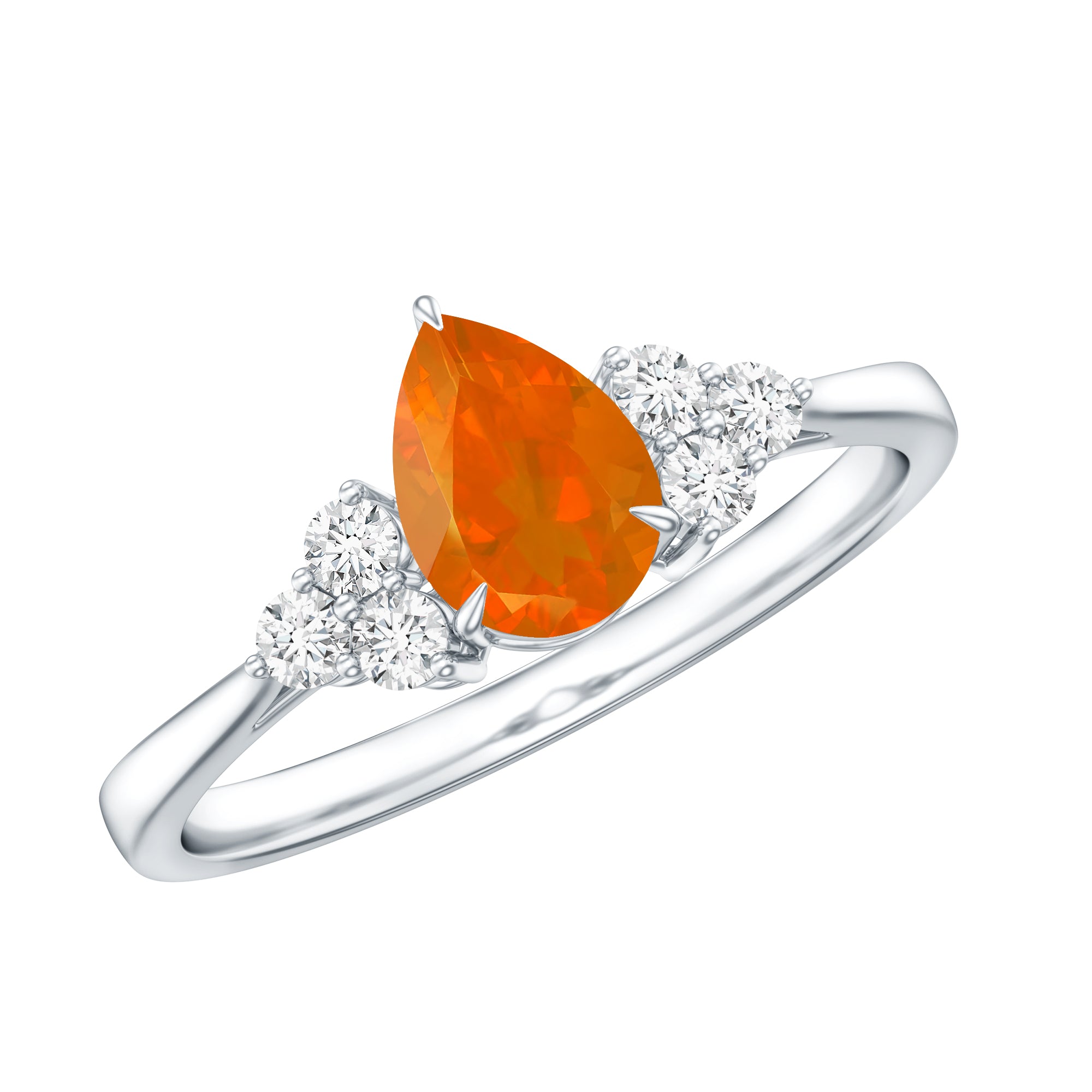 0.6 Carat Pear Shaped Fire Opal Engagement Ring with Diamond Trio AAA - Rosec Jewels