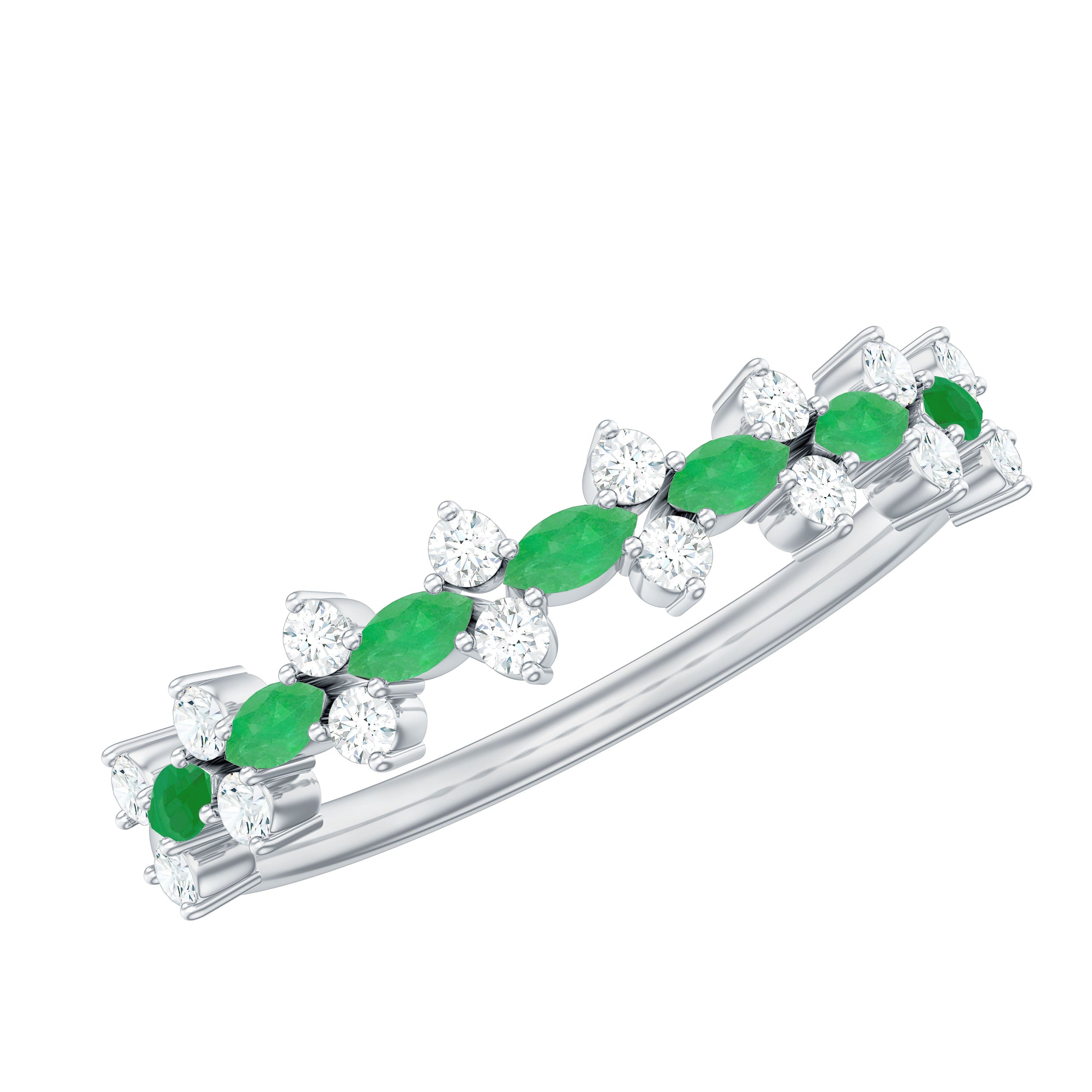 Green Emerald and Diamond Half Eternity Ring Emerald - ( AAA ) - Quality - Rosec Jewels
