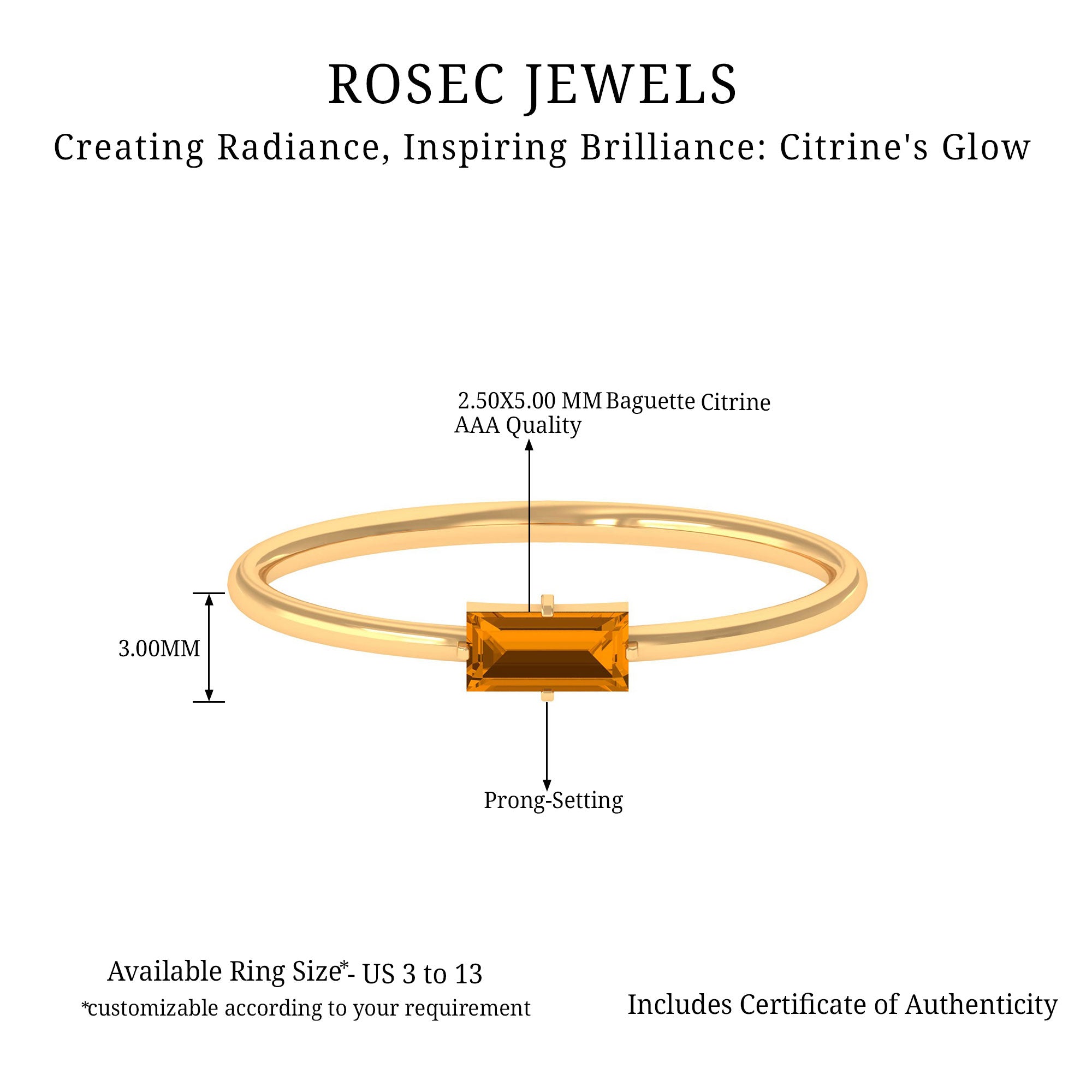 Baguette Cut Citrine Minimal Birthstone Promise Ring Citrine - ( AAA ) - Quality - Rosec Jewels
