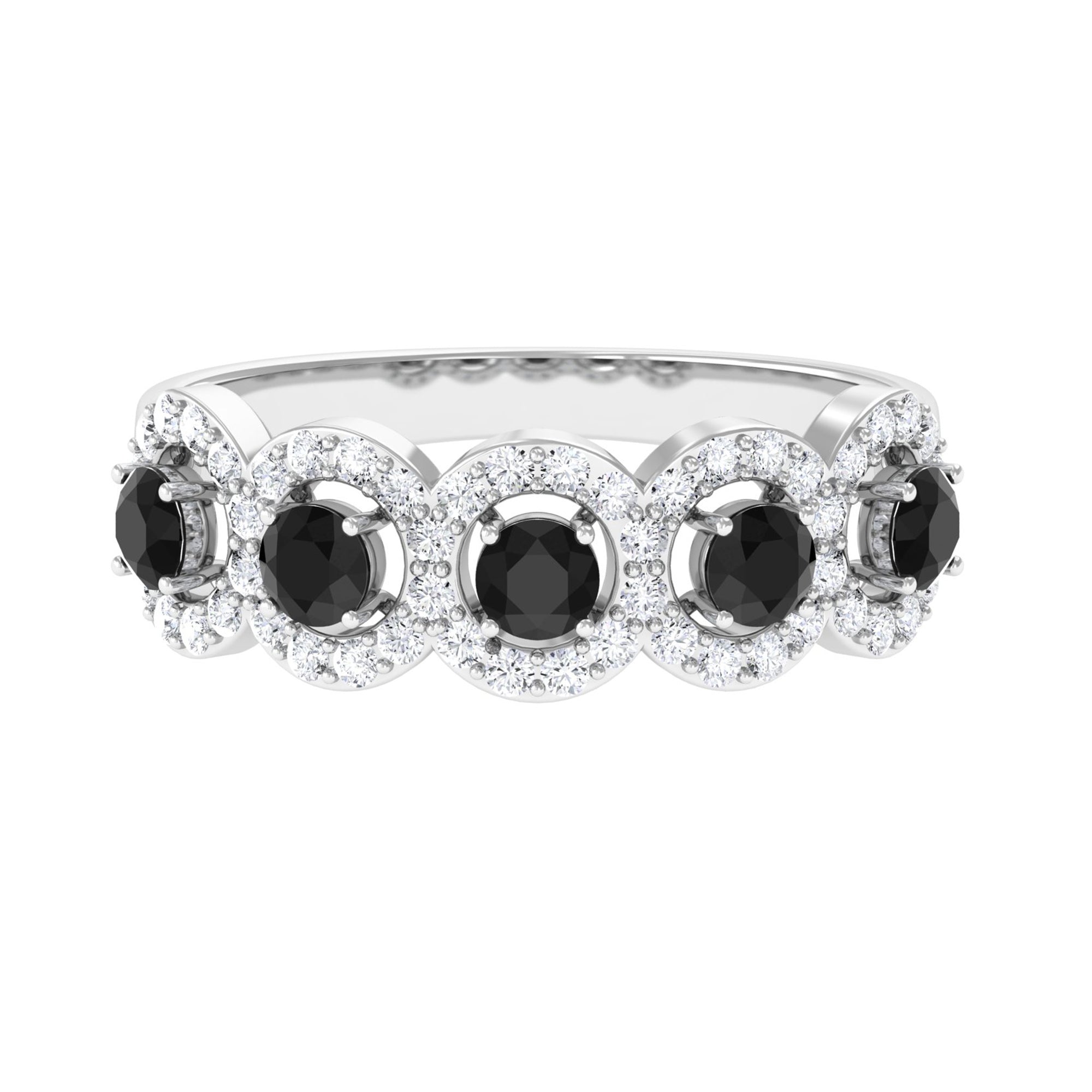 Round Black Diamond Classic Halo Half Eternity Band Ring with Moissanite Black Diamond - ( AAA ) - Quality - Rosec Jewels
