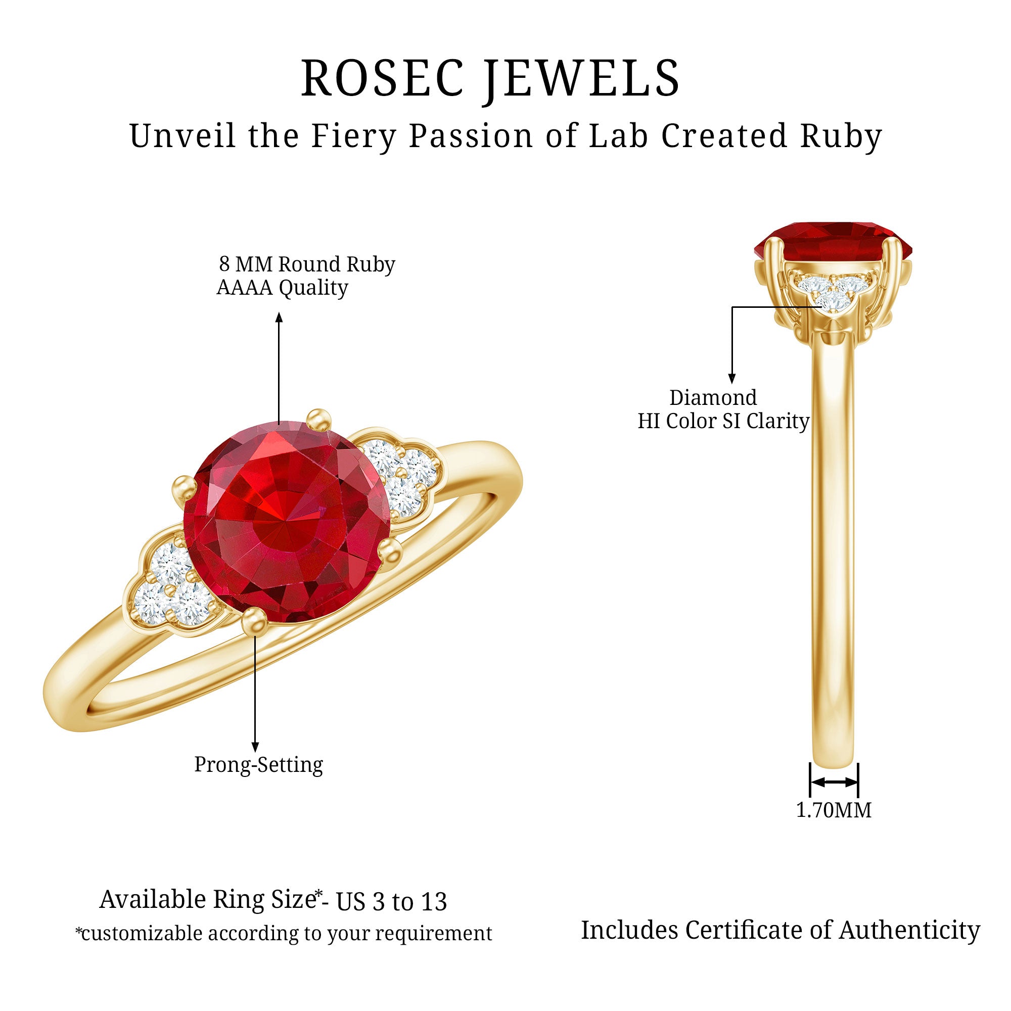 Lab Grown Ruby Solitaire Engagement Ring with Diamond Trio AAAA - Rosec Jewels