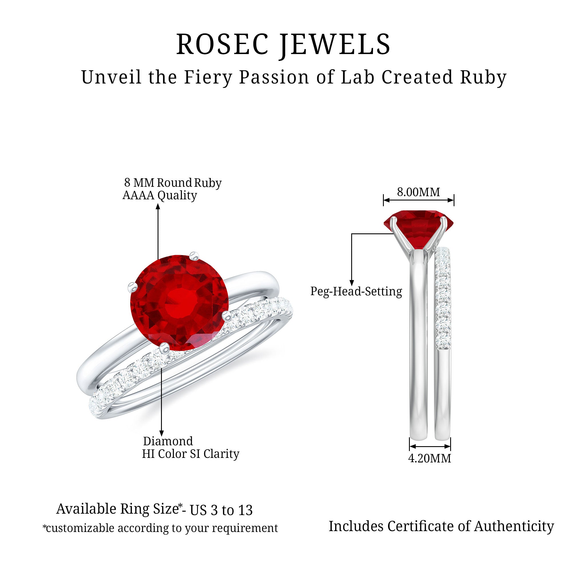 3 CT Solitaire Created Ruby Wedding Ring Set with Diamond AAAA - Rosec Jewels
