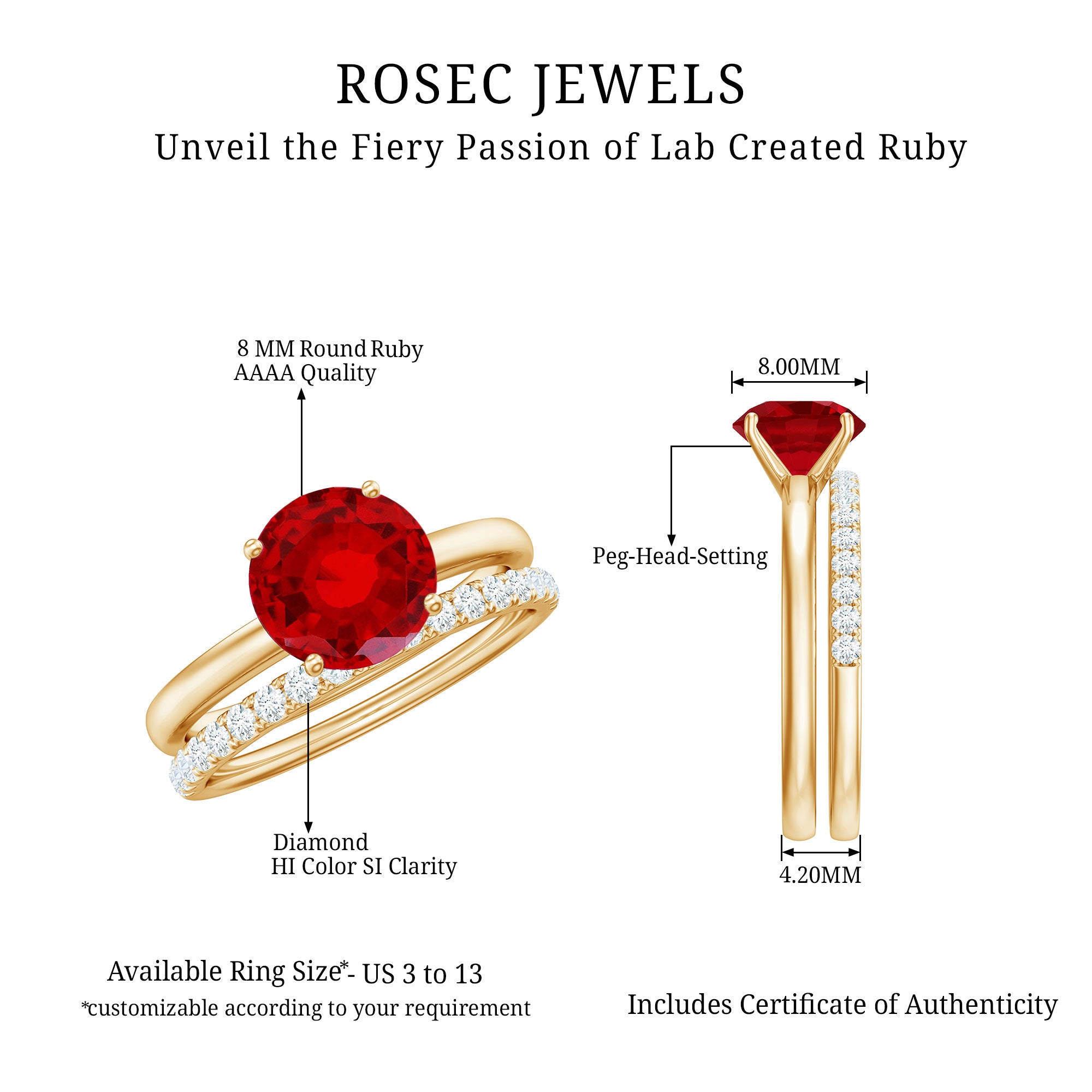3 CT Solitaire Created Ruby Wedding Ring Set with Diamond AAAA - Rosec Jewels