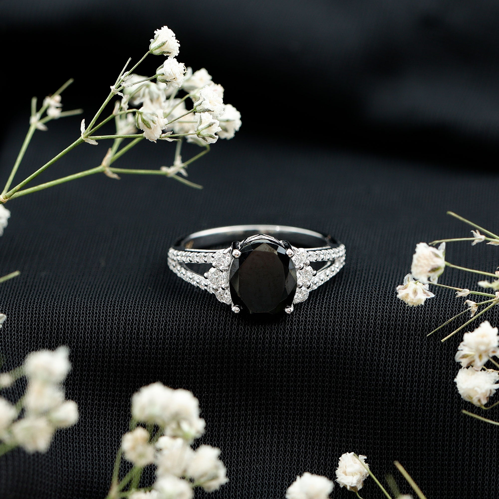 4.2 Carat Lab Grown Black Diamond Oval Engagement Ring with White Diamond Split Shank AAAA ( Synthetic ) - Rosec Jewels