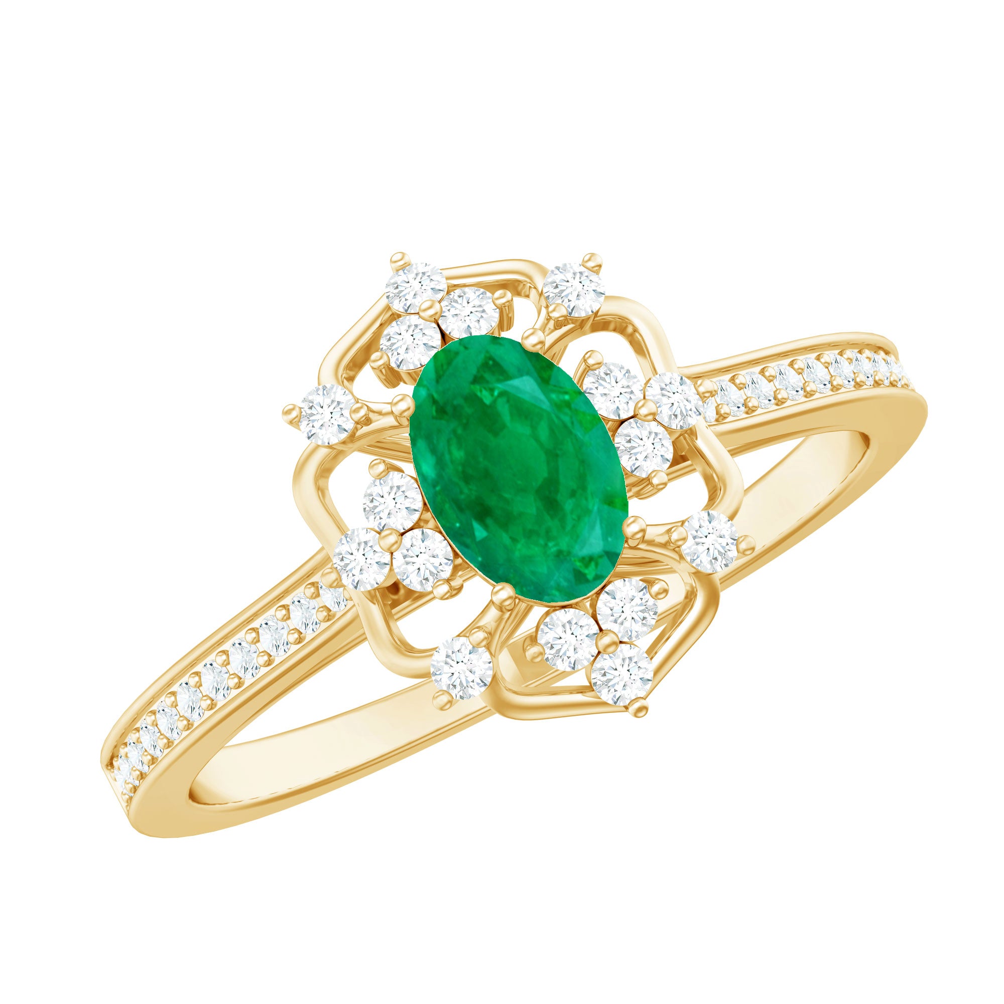 Rosec Jewels-Vintage Style Emerald and Diamond Oval Engagement Ring
