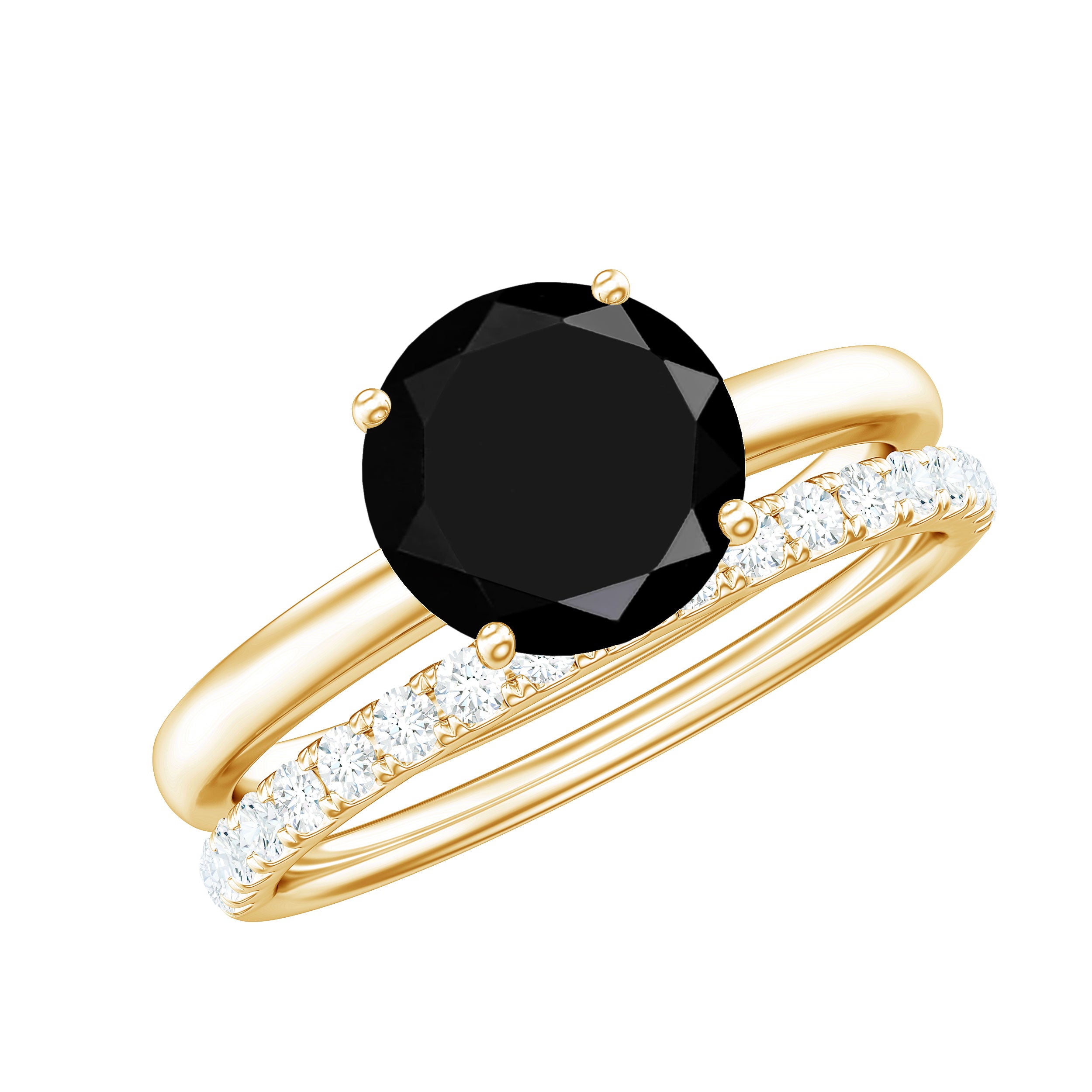 Natural 8mm Black Onyx Solitaire Engagement Rings with Diamond Enhancer AAA - Rosec Jewels