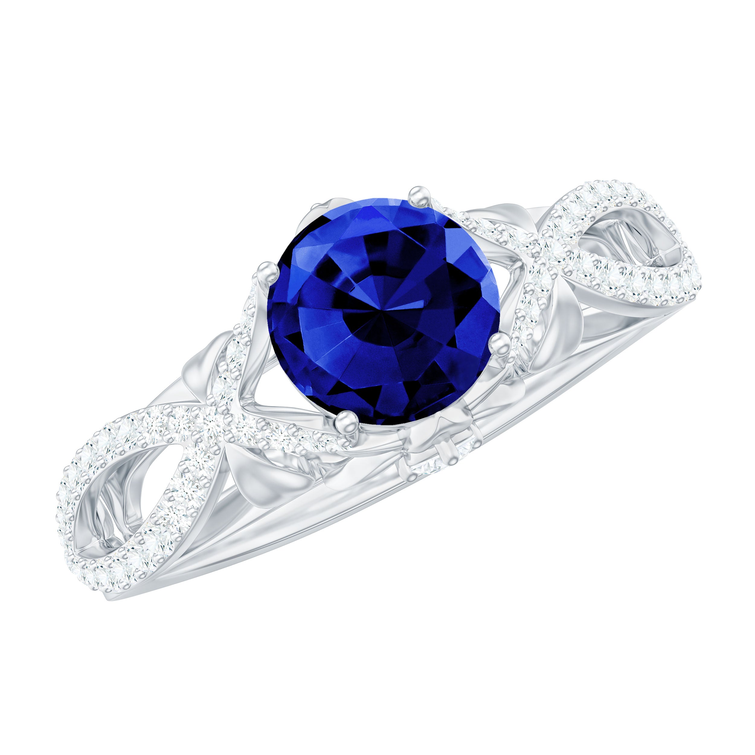 Lab Grown Blue Sapphire Crossover Engagement Ring with Diamond Lab Created Blue Sapphire - ( AAAA ) - Quality - Rosec Jewels