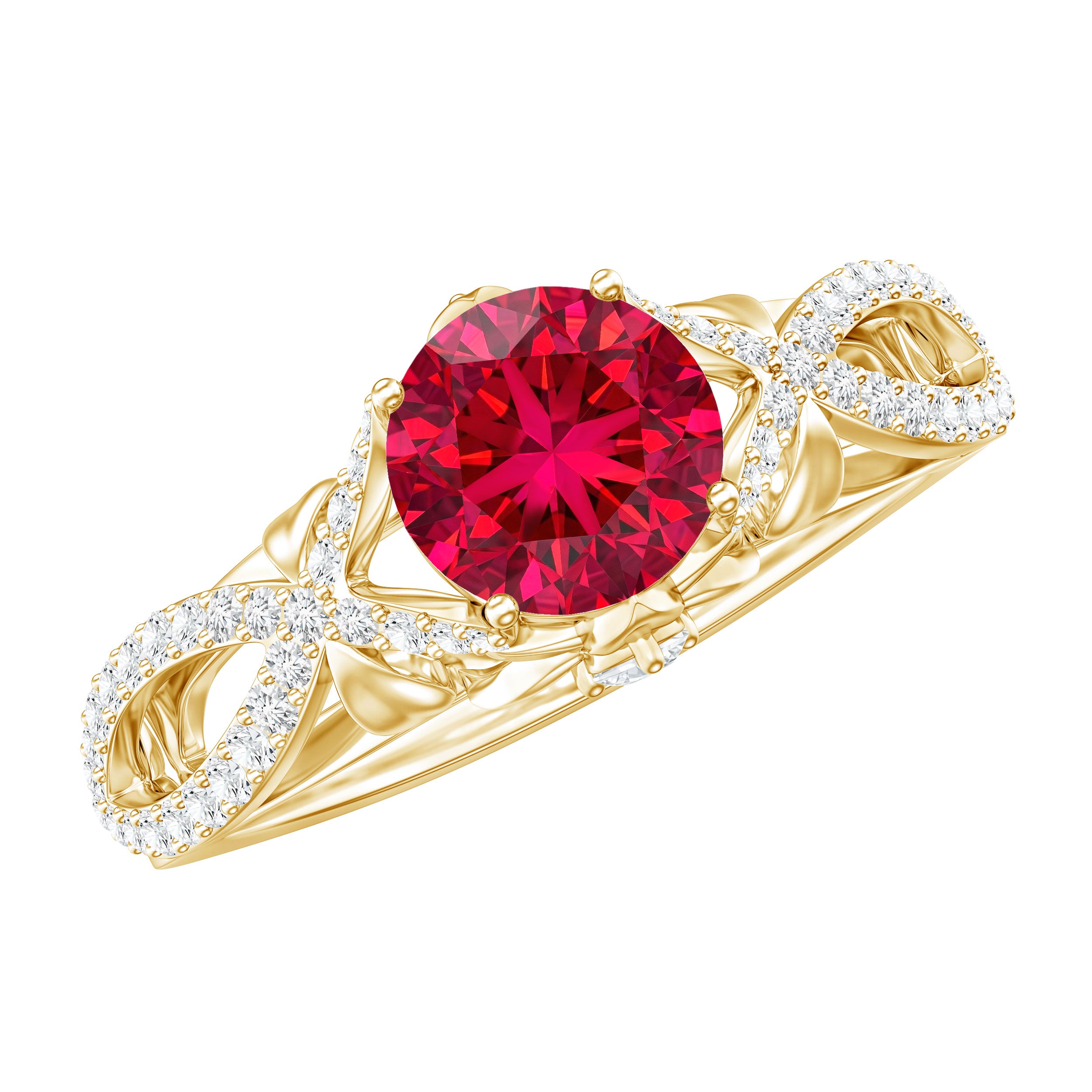 Classic Created Ruby and Diamond Crossover Engagement Ring with Diamond AAAA - Rosec Jewels