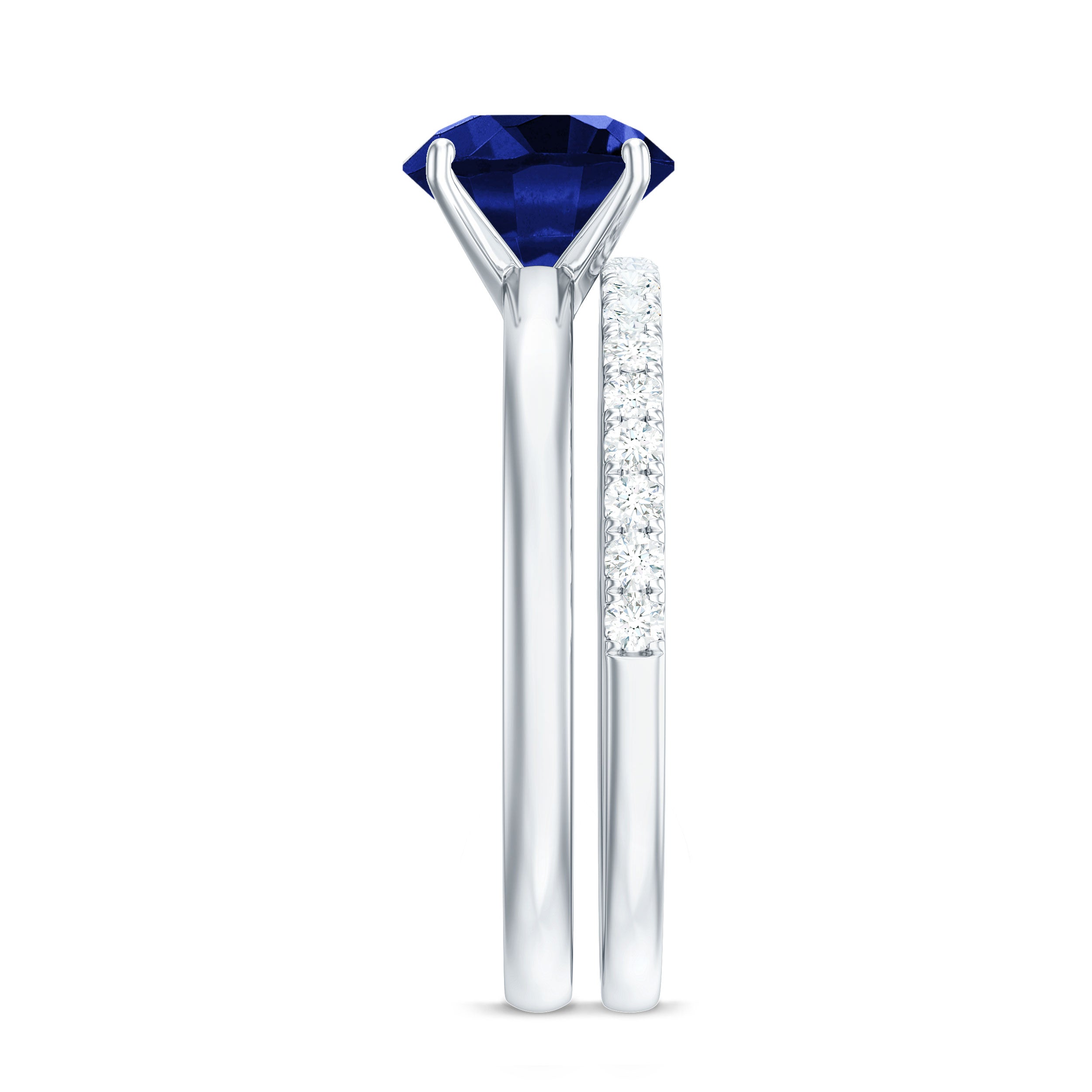8mm Round Shape Lab Created Blue Sapphire Solitaire Wedding Ring Set with Diamond Band AAAA - Rosec Jewels