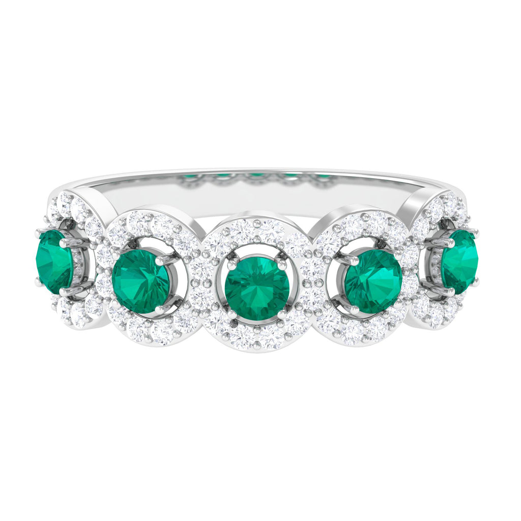 1.25 CT Round Cut Emerald and Moissanite Halo Classic Band Ring