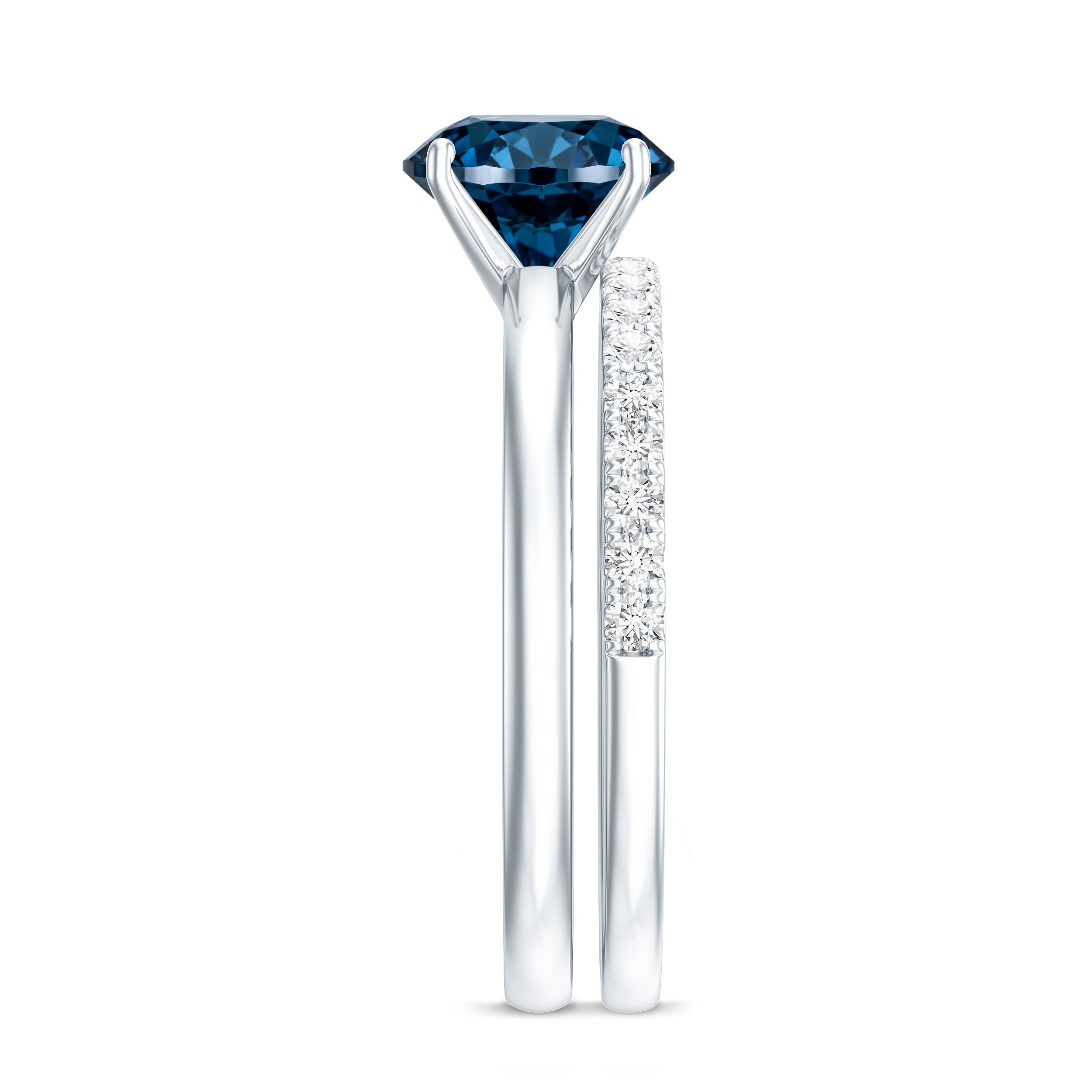 2 Carat Round London Blue Topaz Solitaire Engagement Ring with Diamond Band AAA - Rosec Jewels