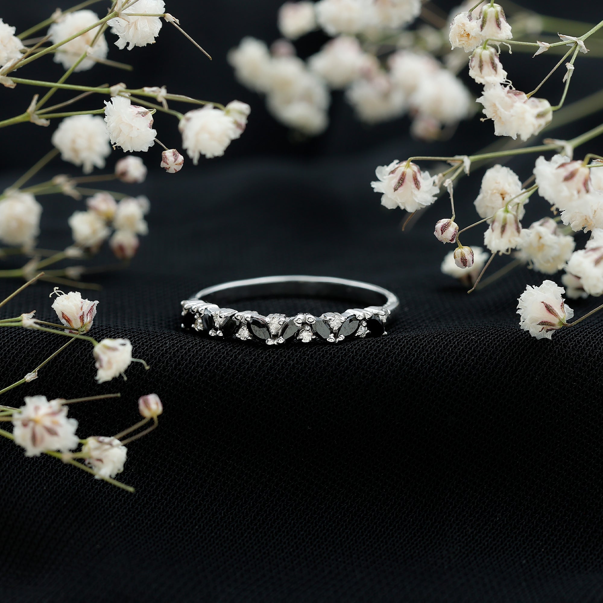 Natural Marquise Black Spinel Diamond Half Eternity Ring AAA - Rosec Jewels