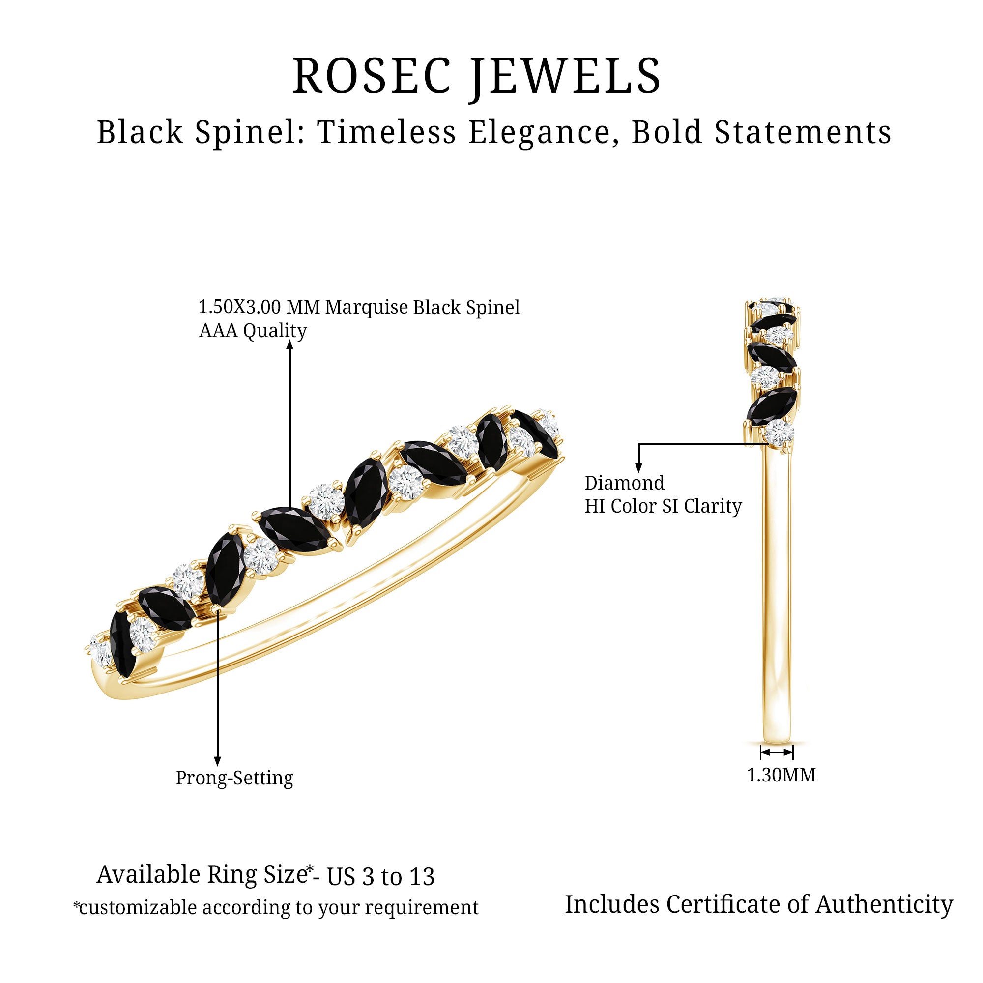 Natural Marquise Black Spinel Diamond Half Eternity Ring AAA - Rosec Jewels