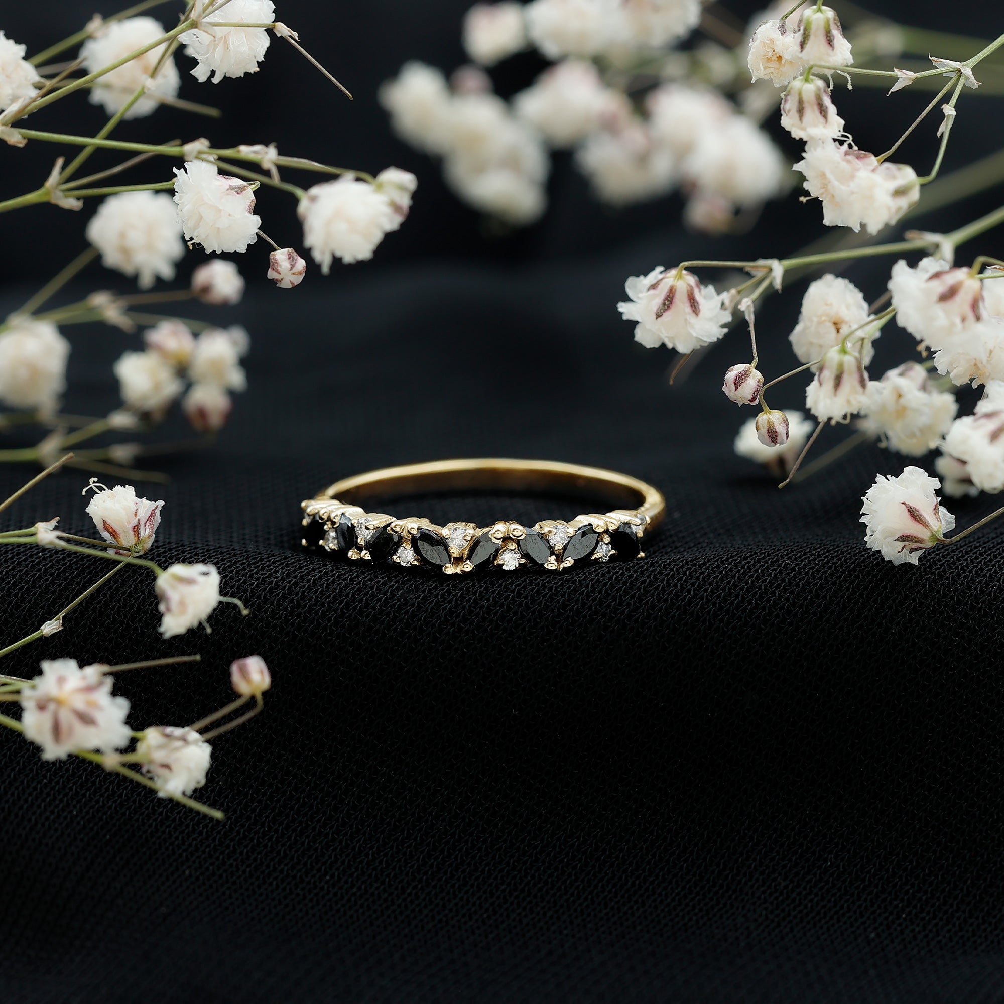 Natural Marquise Black Spinel Diamond Half Eternity Ring AAA - Rosec Jewels