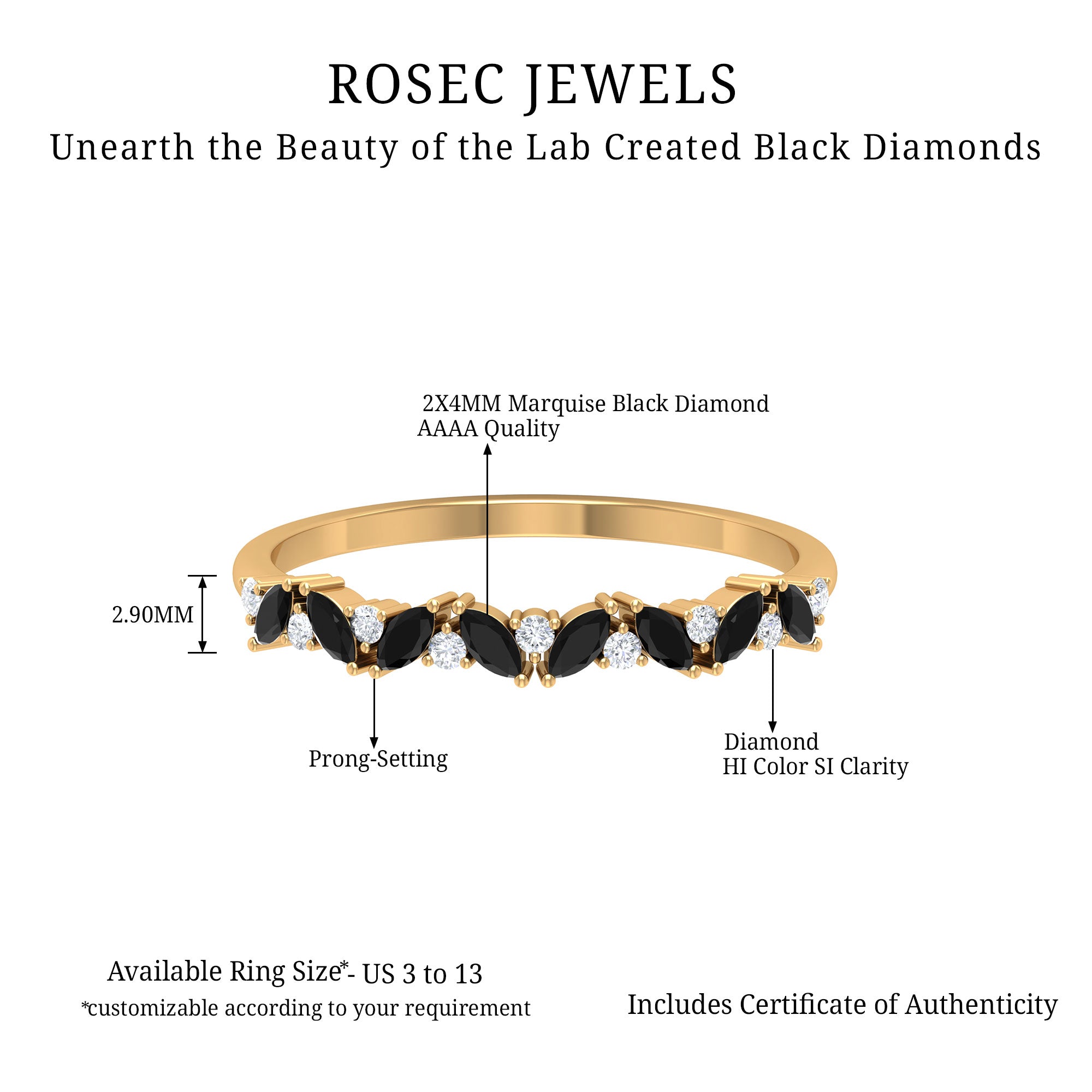 Marquise Created Black Diamond and Diamond Half Eternity Ring Lab Created Black Diamond - ( AAAA ) - Quality - Rosec Jewels