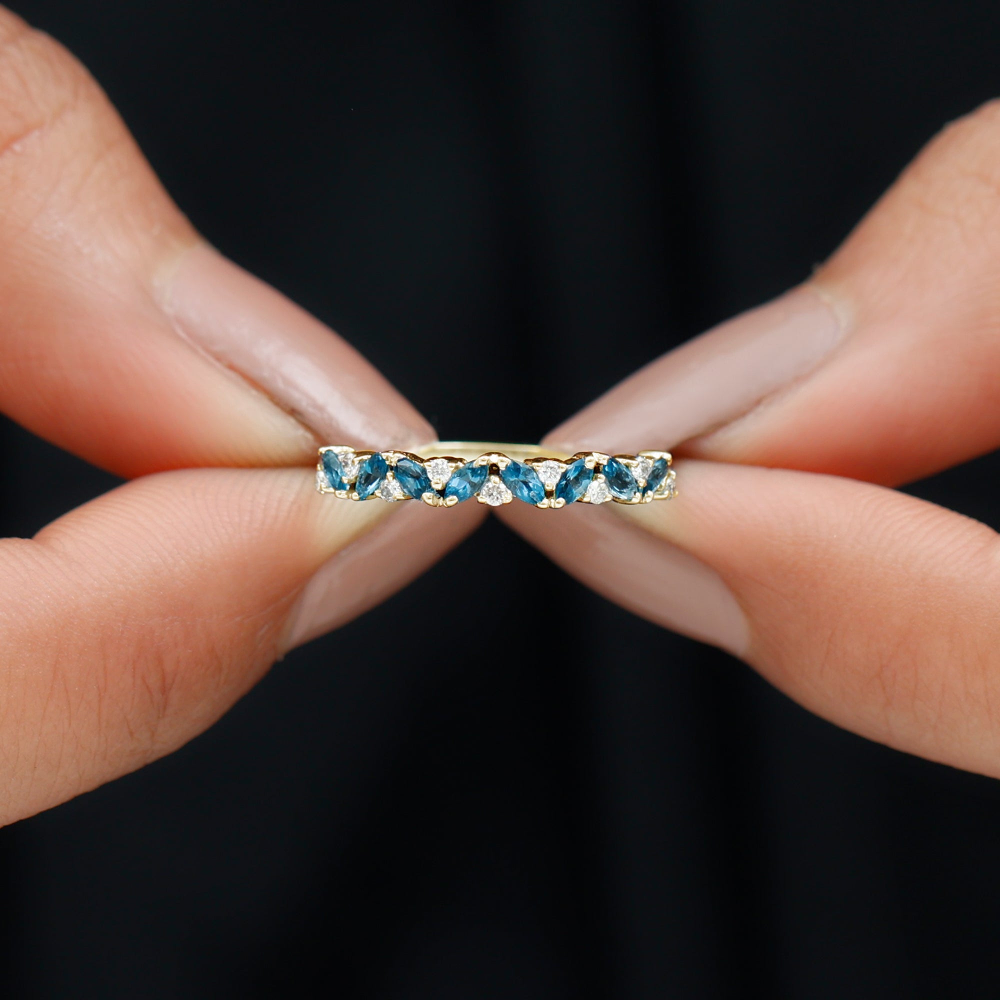 Marquise Cut London Blue Topaz and Round Shape Diamond Stackable Semi Eternity Ring London Blue Topaz - ( AAA ) - Quality - Rosec Jewels