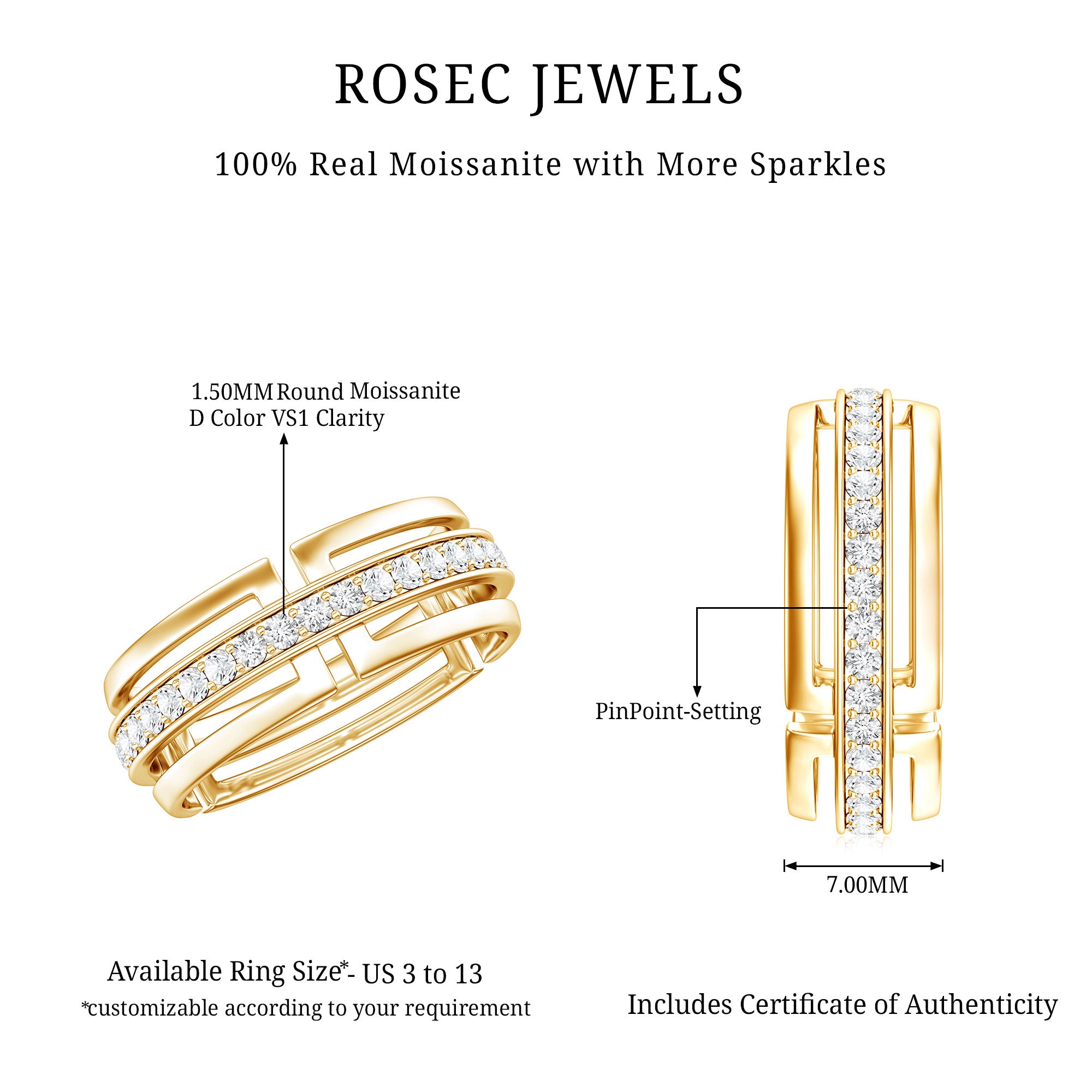 Moissanite Wedding Band in Pinpoint Setting D-VS1 - Rosec Jewels