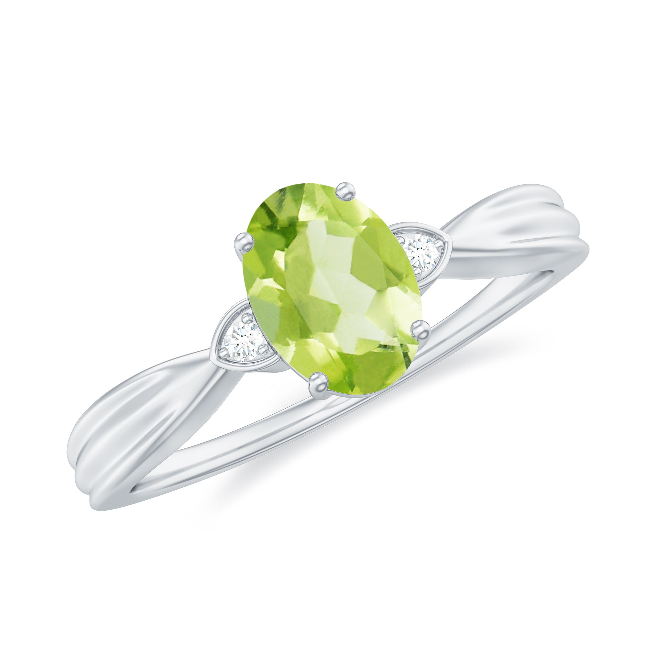 Oval Cut Peridot Solitaire Ring with Diamond Peridot - ( AAA ) - Quality - Rosec Jewels