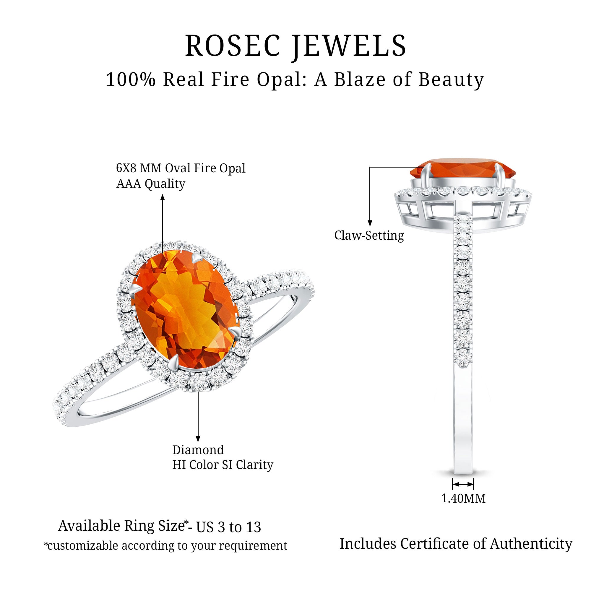 Rosec Jewels-Oval 6X8MM Fire Opal Engagement Ring with Diamond Halo