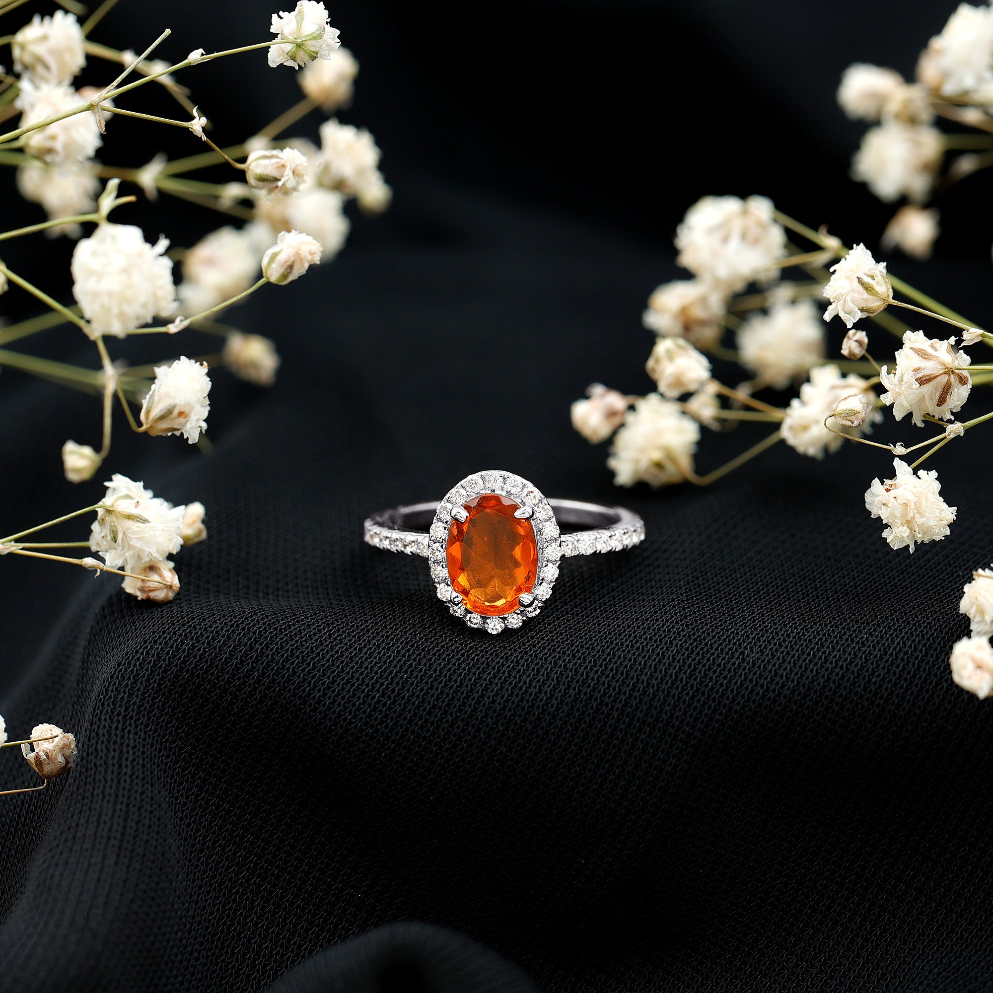 Rosec Jewels-Oval 6X8MM Fire Opal Engagement Ring with Diamond Halo